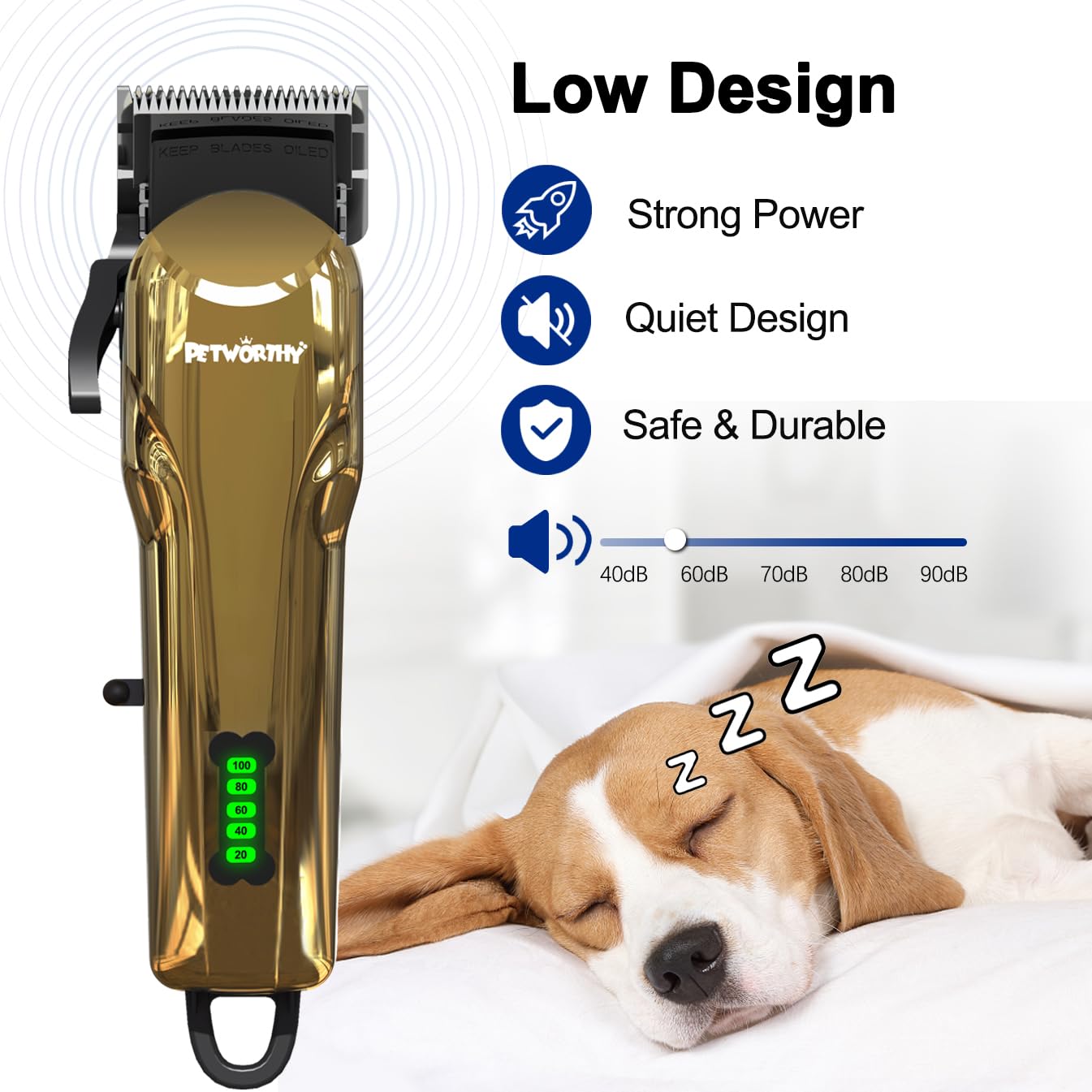 PETWORTHY Quiet Dog Grooming Kit - 2000mAh Cordless Clippers for Heavy Coats, Waterproof, Plating Gold