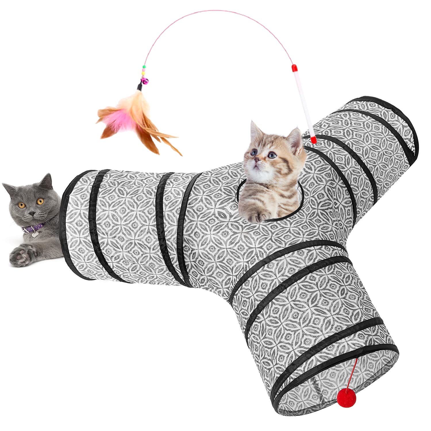 Tempcore 3-Way Collapsible Cat Tube Toys, Kitty Tunnel with Peek Hole, Ball for Cats & Kittens