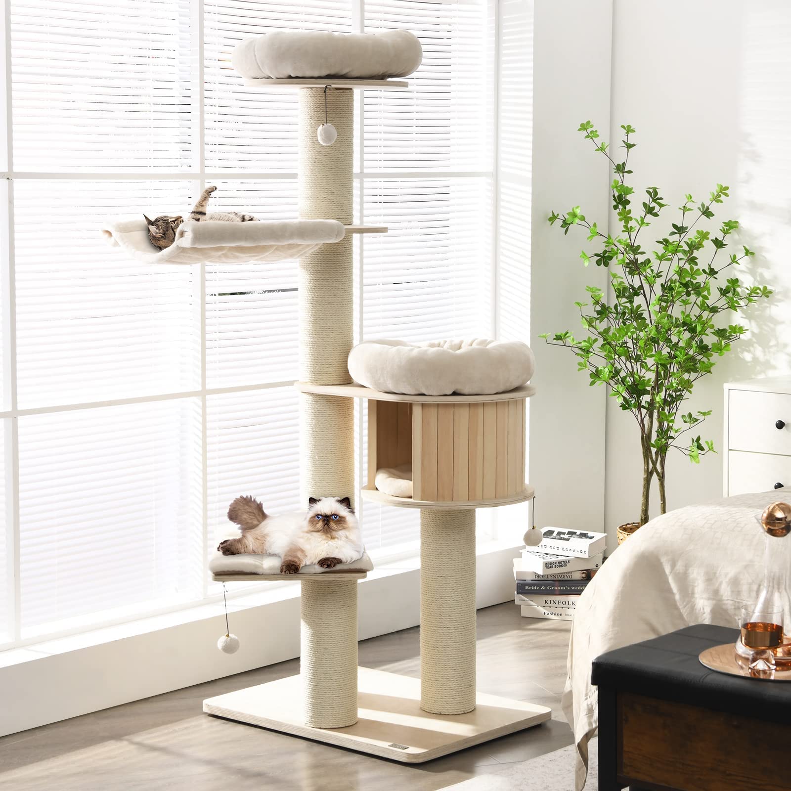 Tangkula Modern Cat Tree, Multi-Level Large Cat Tower W/Cat Condo, Hammocks & Hanging Basket, Tall Cat Tree W/Sisal Posts, Washable Cushions, Wood Cat Trees And Towers For Indoor Large Cats