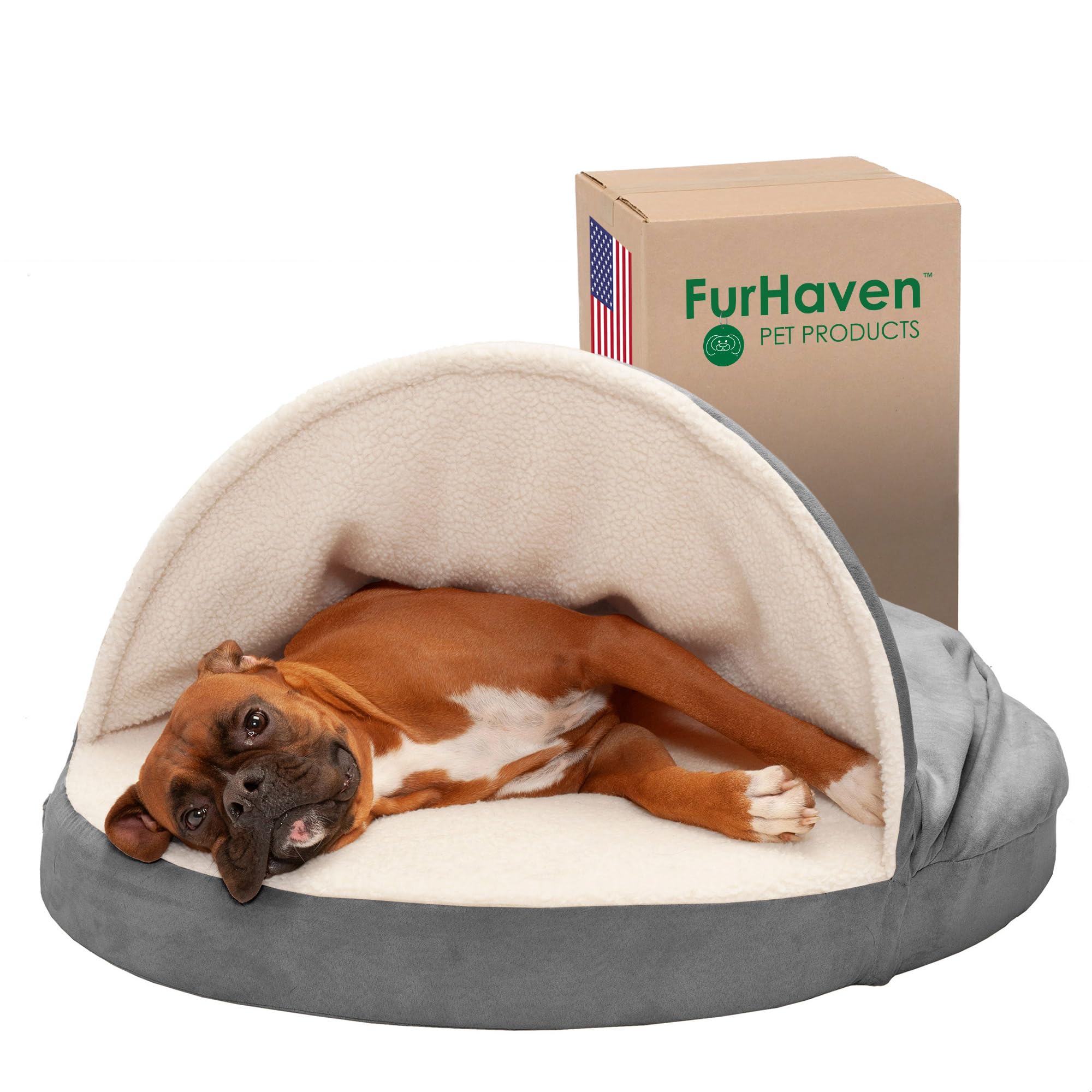 Furhaven 35 Round Memory Foam Dog Bed for Large/Medium Dogs w/ Removable Washable Cover, For Dogs Up to 50 lbs - Sherpa & Suede 