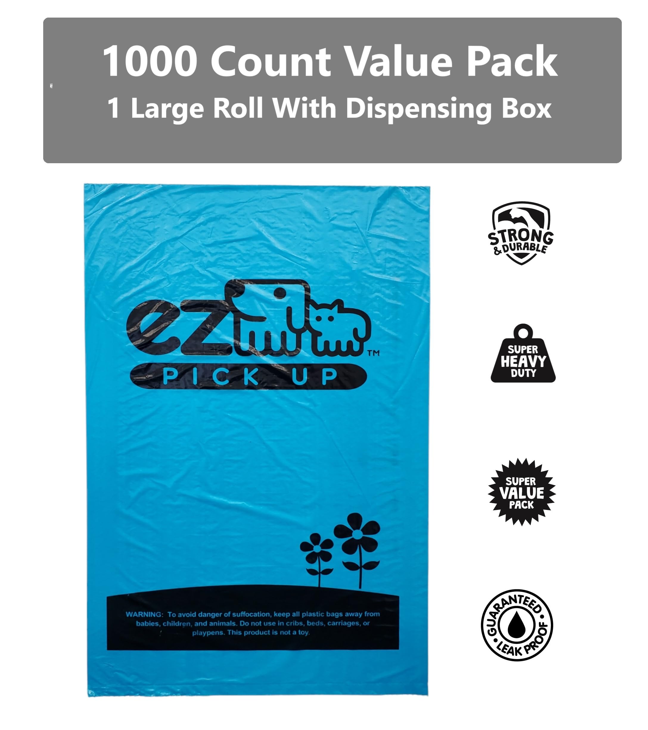 Bark EZ Pickup Dog Waste Bags, Unscented, High Density Polyethylene, Blue, 1000 Count