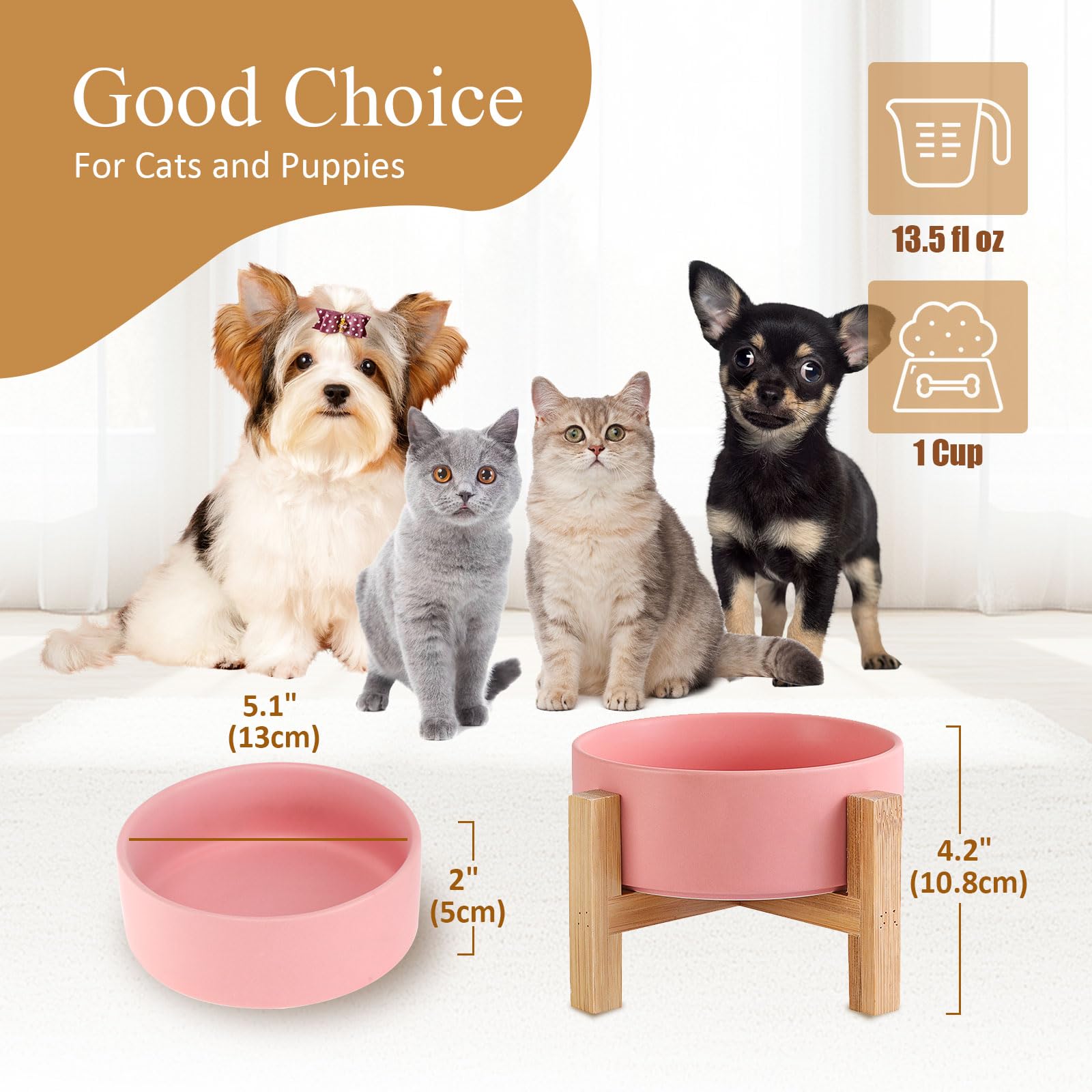 Elevated Ceramic Cat Bowl - Cat Food Bowl with Bamboo Stand - Raised Dog Dish for Puppies - Anti Vomiting, Stress Free - 13.5 oz