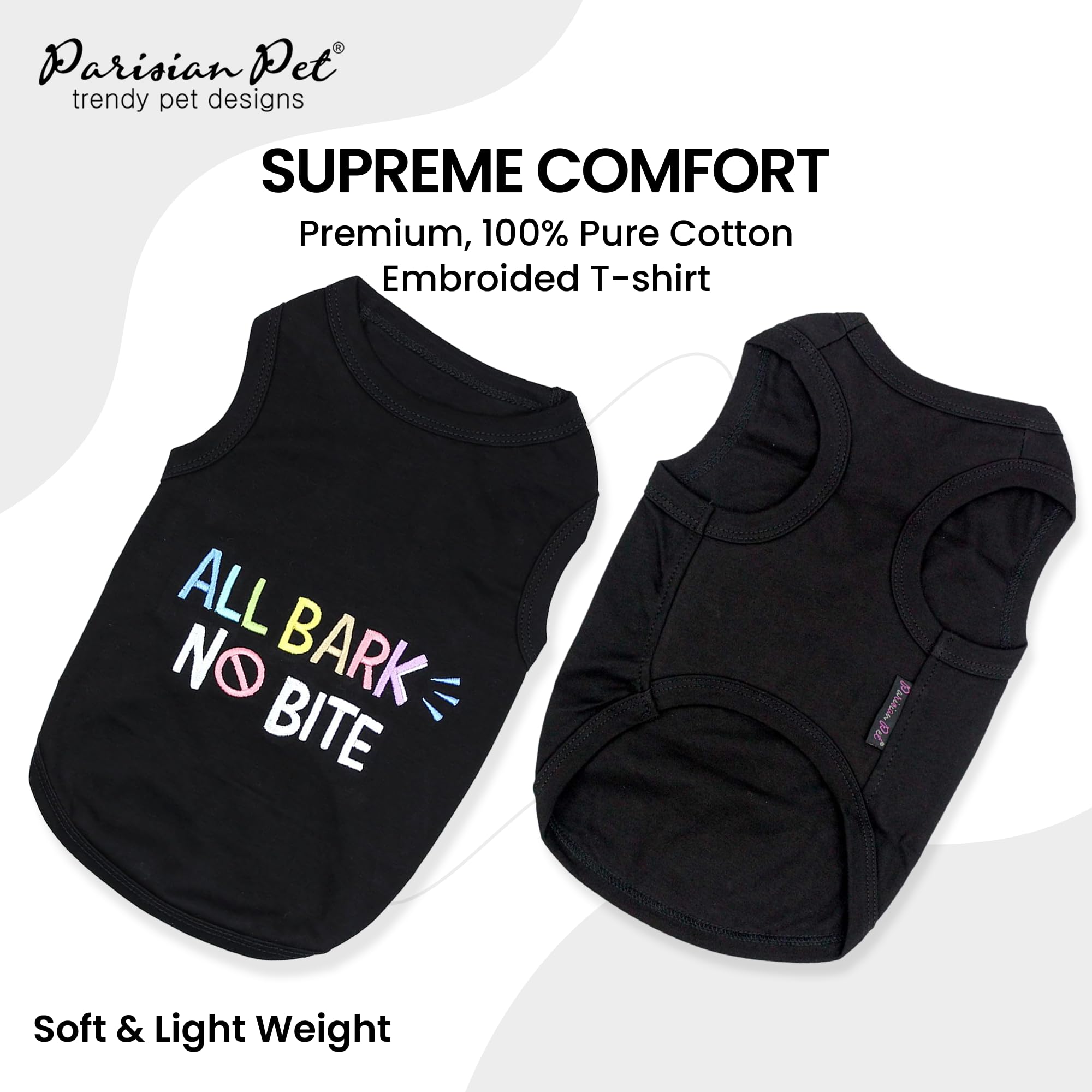 Parisian Pet Dog T-Shirt - Embroidered ' All Bark No Bite ' 100% Cotton, Dog Clothes - Sleeveless Pet Vest - Machine Washable Dog Shirt For Large Dogs 3Xl