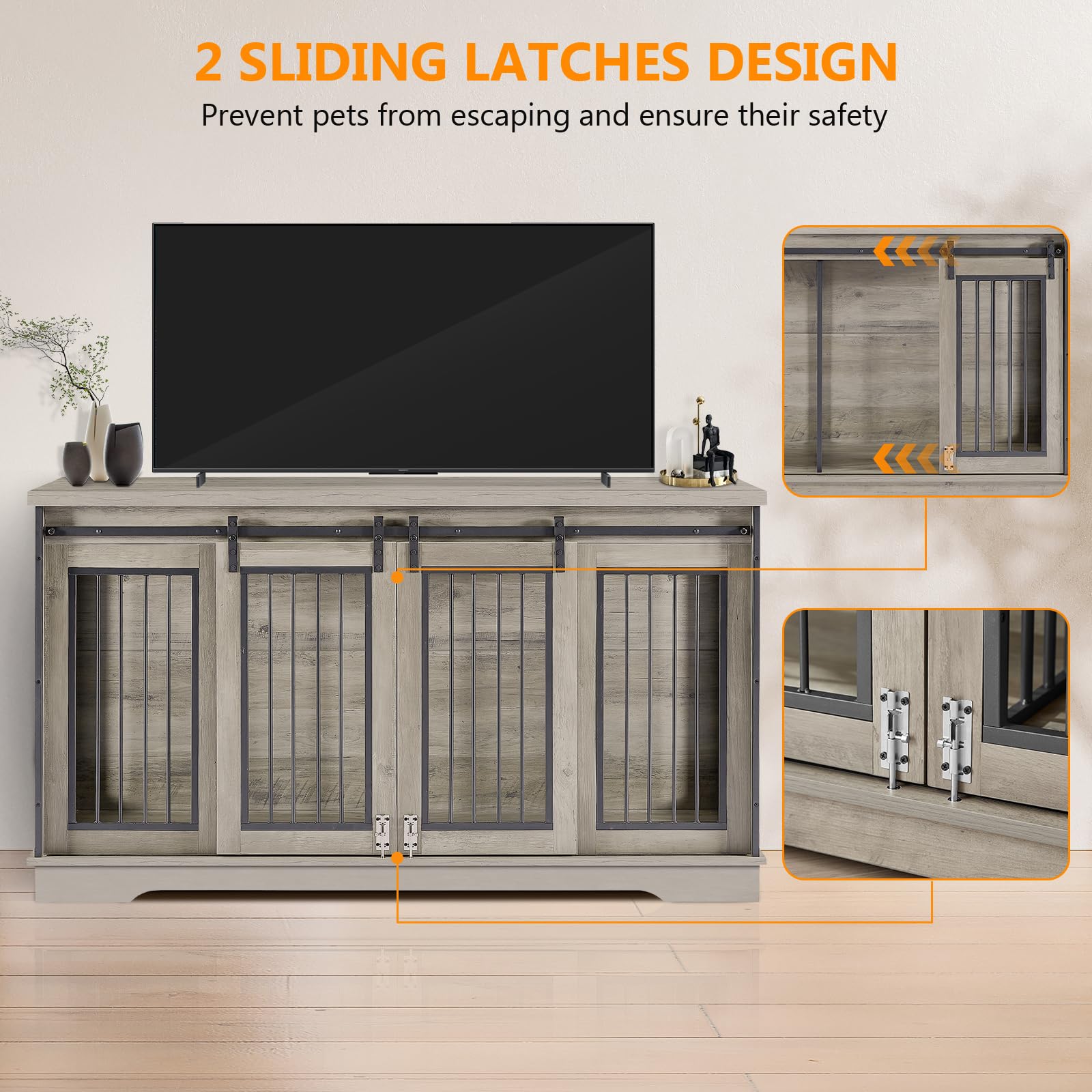 Yafylly 2-in-1 Double Dog Crate Furniture with Divider 60.6 Inch Grey Sturdy Dog Kennel TV Stand with 2 Sliding Doors and Thick