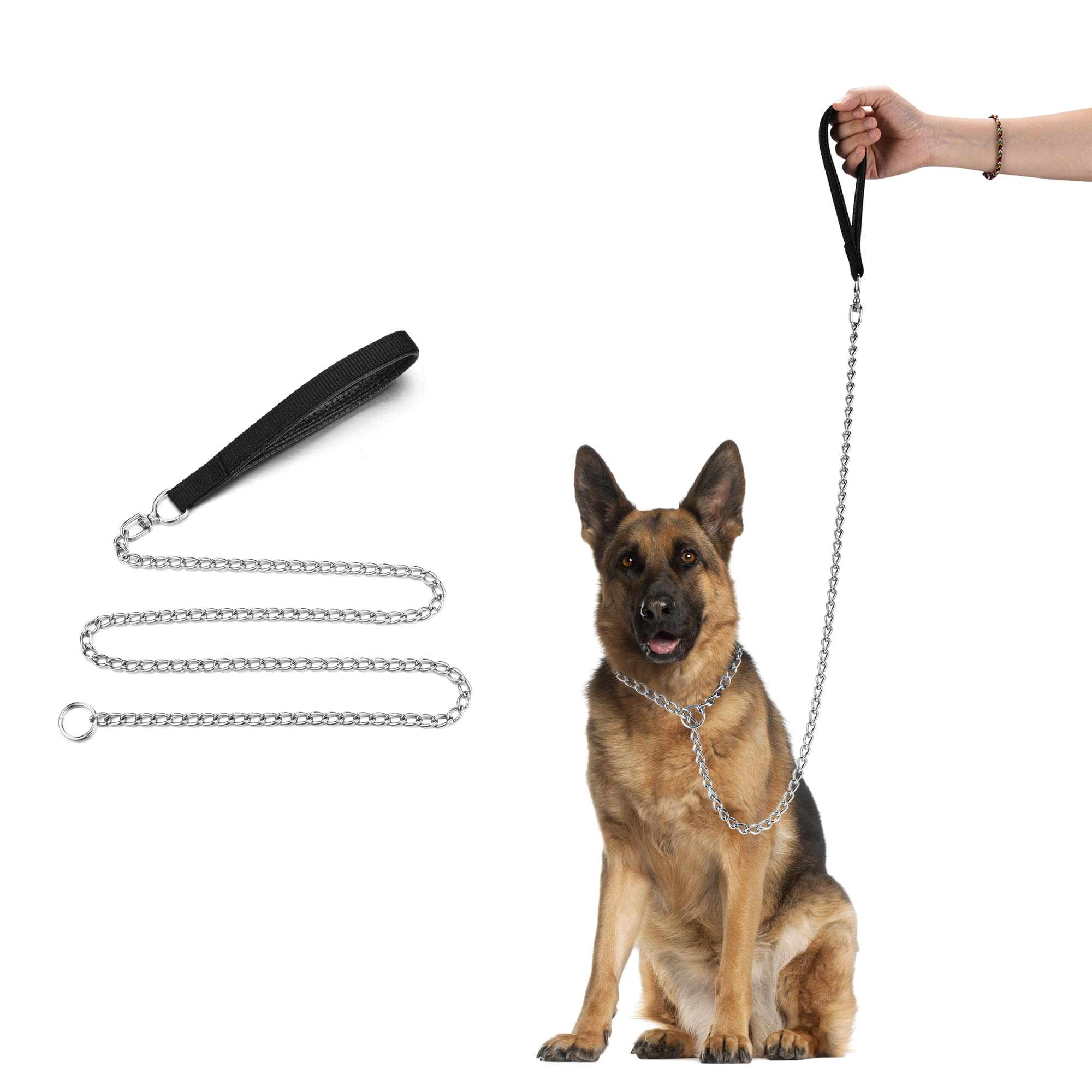 Filhome Metal Dog Leash And Collar - 4Ft Chew Proof Chain With P Chain Slip, Heavy Duty Sturdy Pet Leash With Padded Handle For 