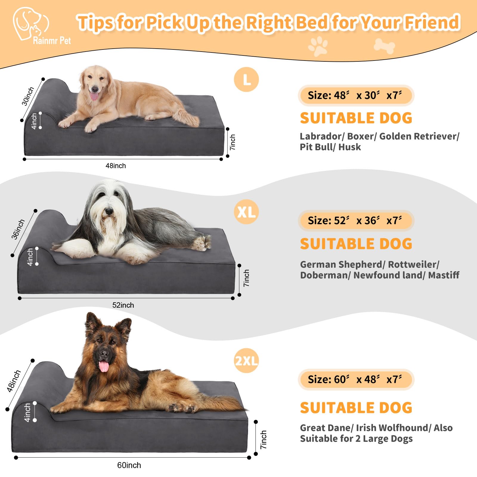 Rainmr 7 Inch Orthopedic Dog Bed For Large Dogs - Chew-Resistant & Washable Microsuede Cover/Waterproof Inner Case - With 4 Inch