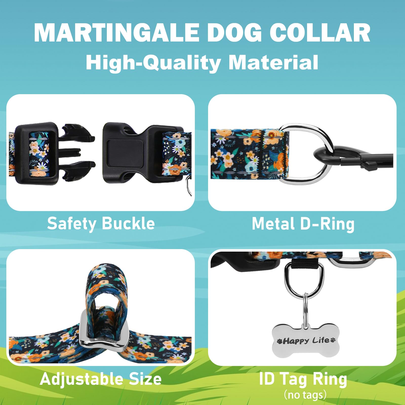 Fidohug Reflective Martingale Dog Collar - Soft Nylon, No Slip, XS, Black Orange Flowers