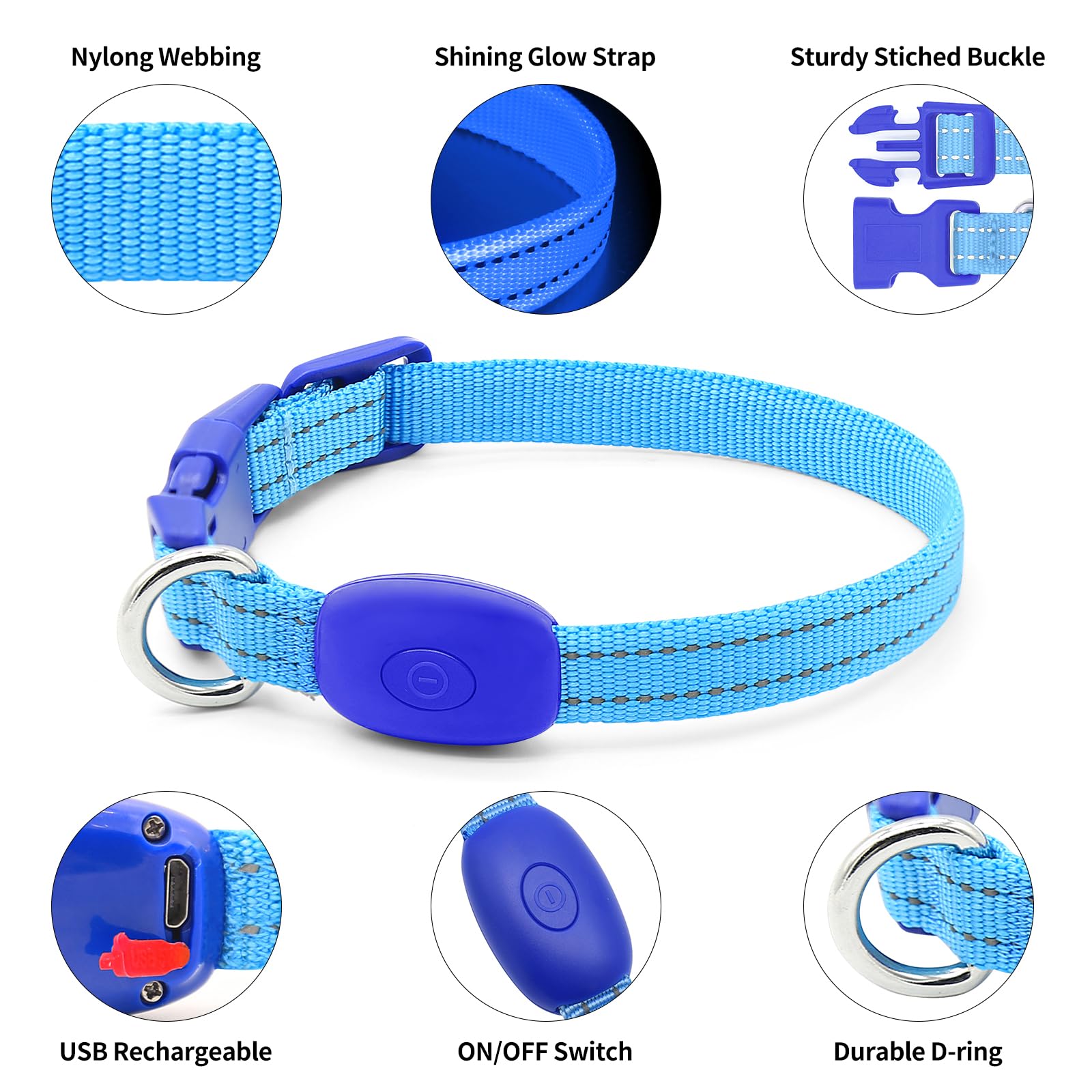 Illumifun Led Collar For Small Dog, Usb Rechargeable Dog Safety Collar Light, Adjustable Nylon Webbing Light Up Collar For Your Pups (Blue, X-Small)