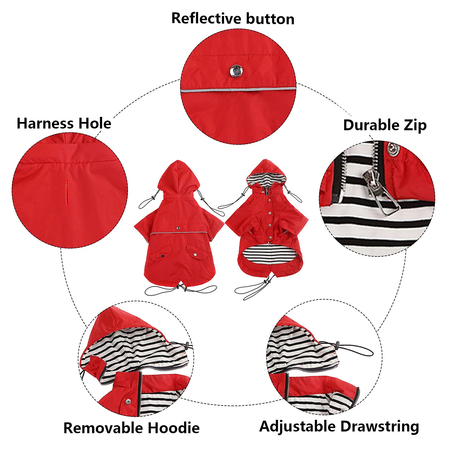 Morezi Dog Zip Up Dog Raincoat With Reflective, Rain/Water Resistant, Adjustable Drawstring, Removable Hood, Stylish Premium Dog Raincoats - Red - Large