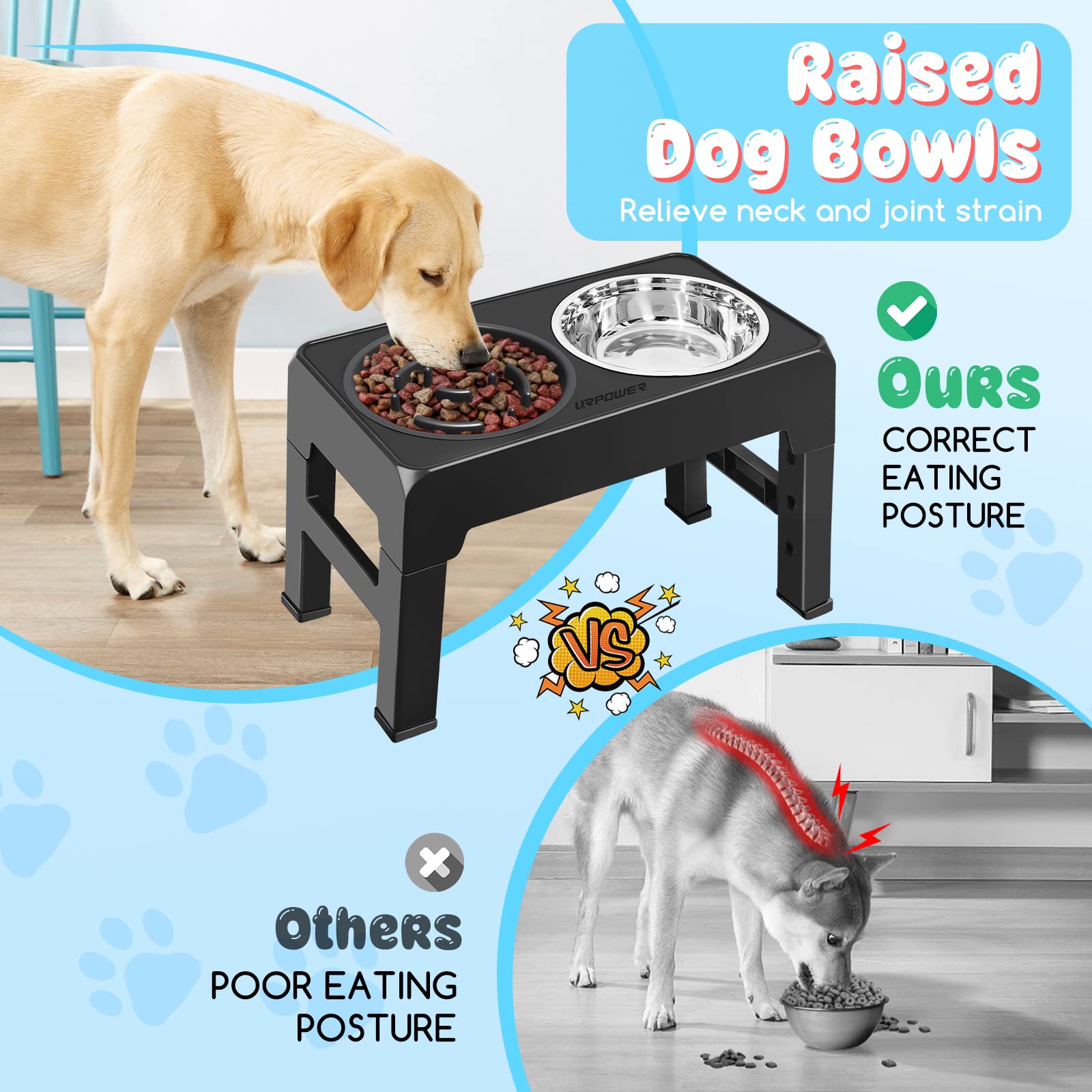 URPOWER Raised Slow Feeder Dog Bowls 4 Height Adjustable Elevated Bowl Stand with Stainless Steel Water Bowl and Slow Feeder Non