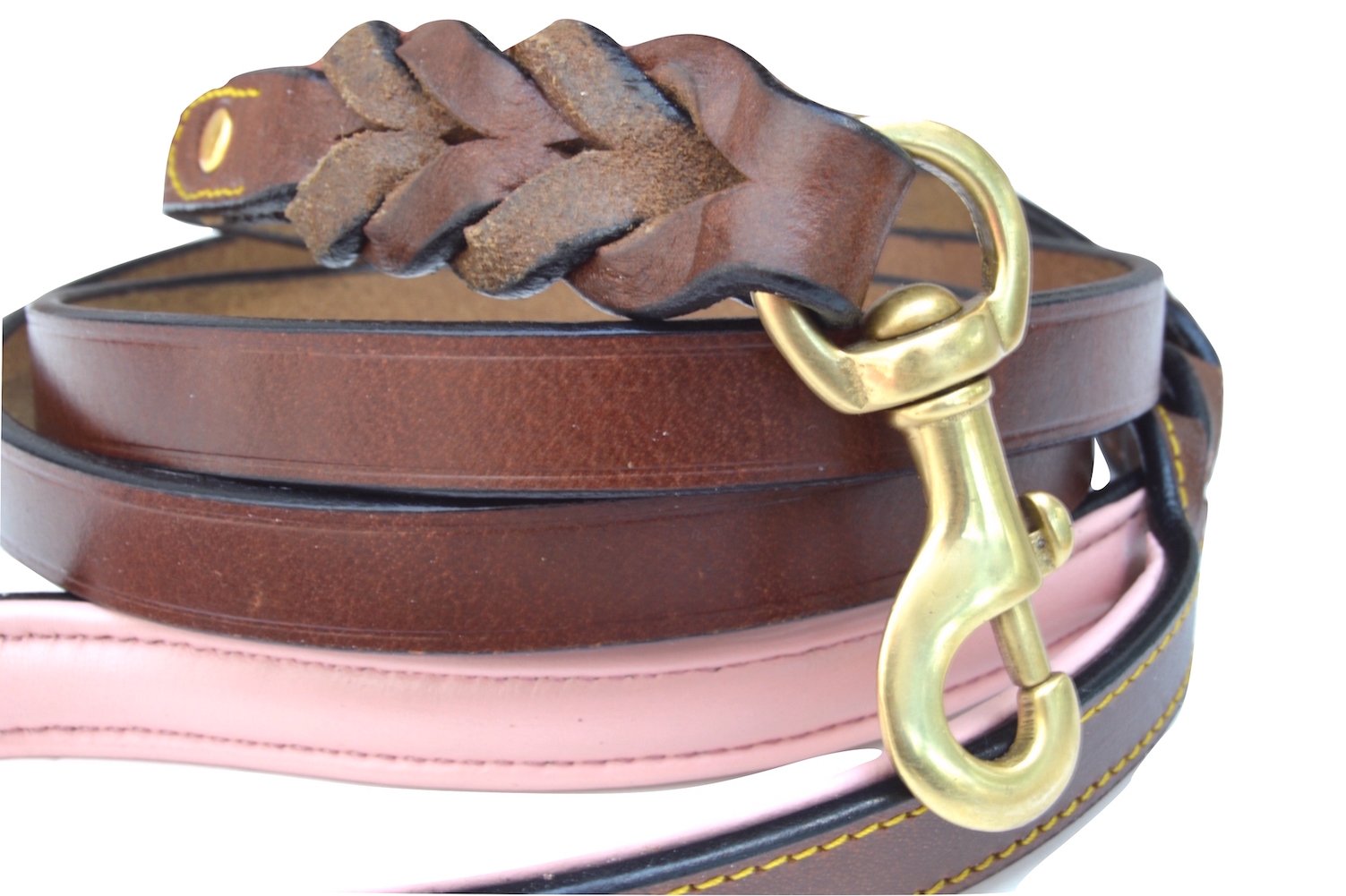 Soft Touch Collars Heavy Duty Leather Braided Dog Leash, Brown With Pink Padded Handle, 6Ft