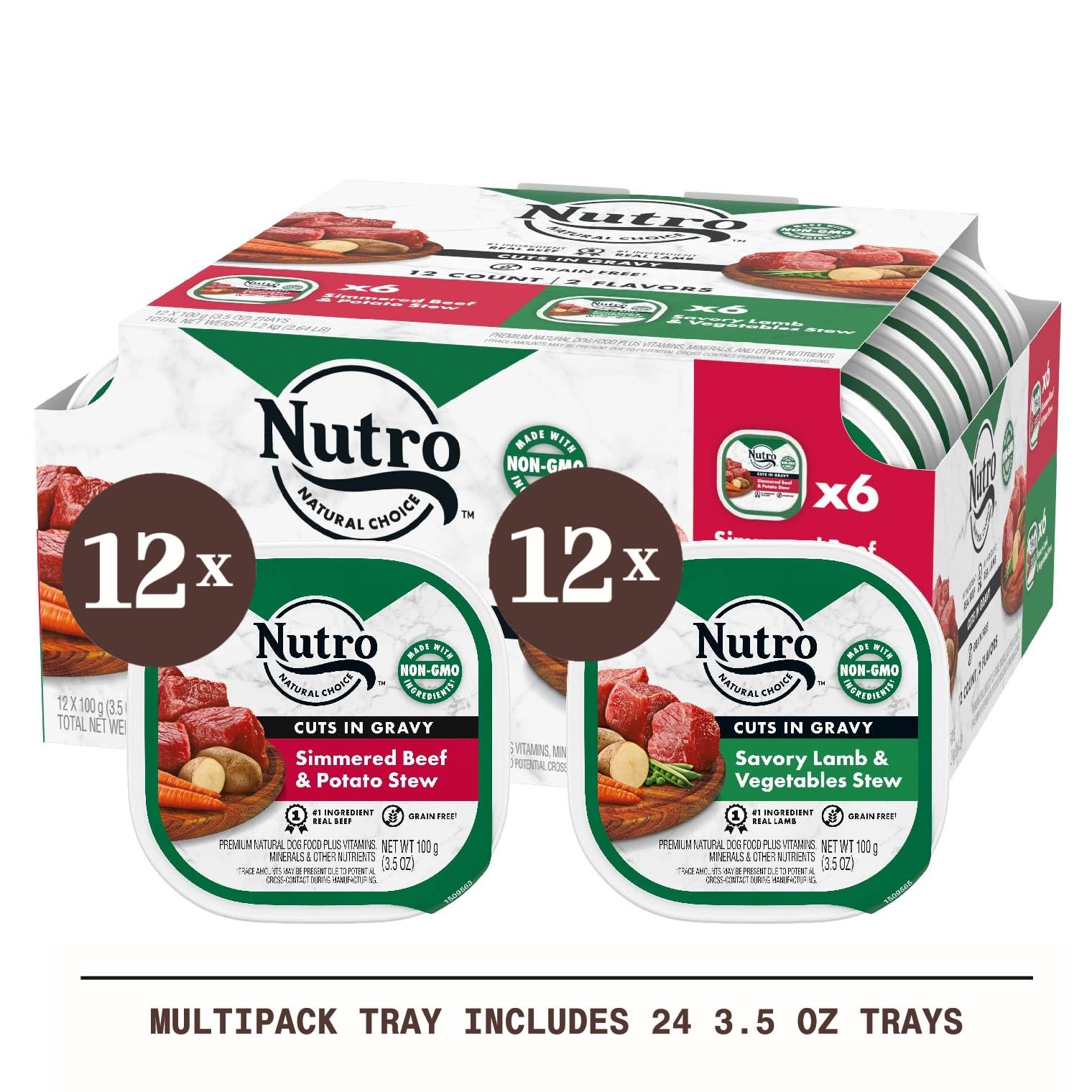 Nutro Natural Choice Cuts in Gravy Wet Dog Food Lamb Beef Variety Pack, 3.5 oz. Trays (12 Count, Pack of 2)