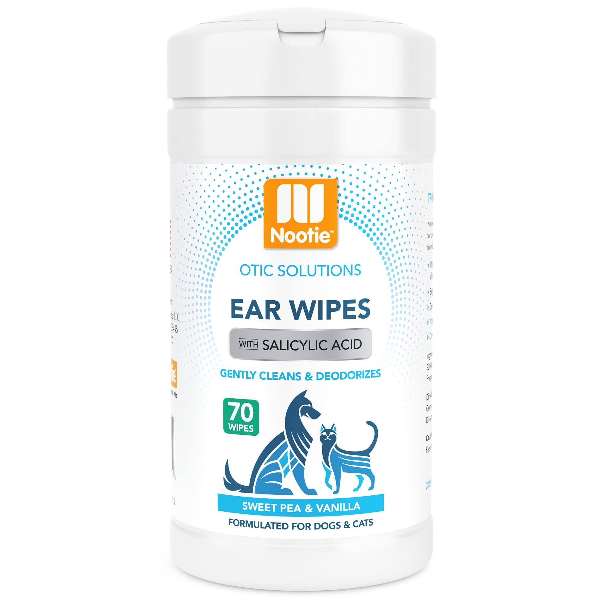 Nootie Ear Wipes For Dogs & Cats With Salicylic Acid Drys Ears - Helps Prevent Itching & Ear Infections - Sold In Over 3000 Vet Clinics-Made In U.S.A. Large Size Wipe-70 Count