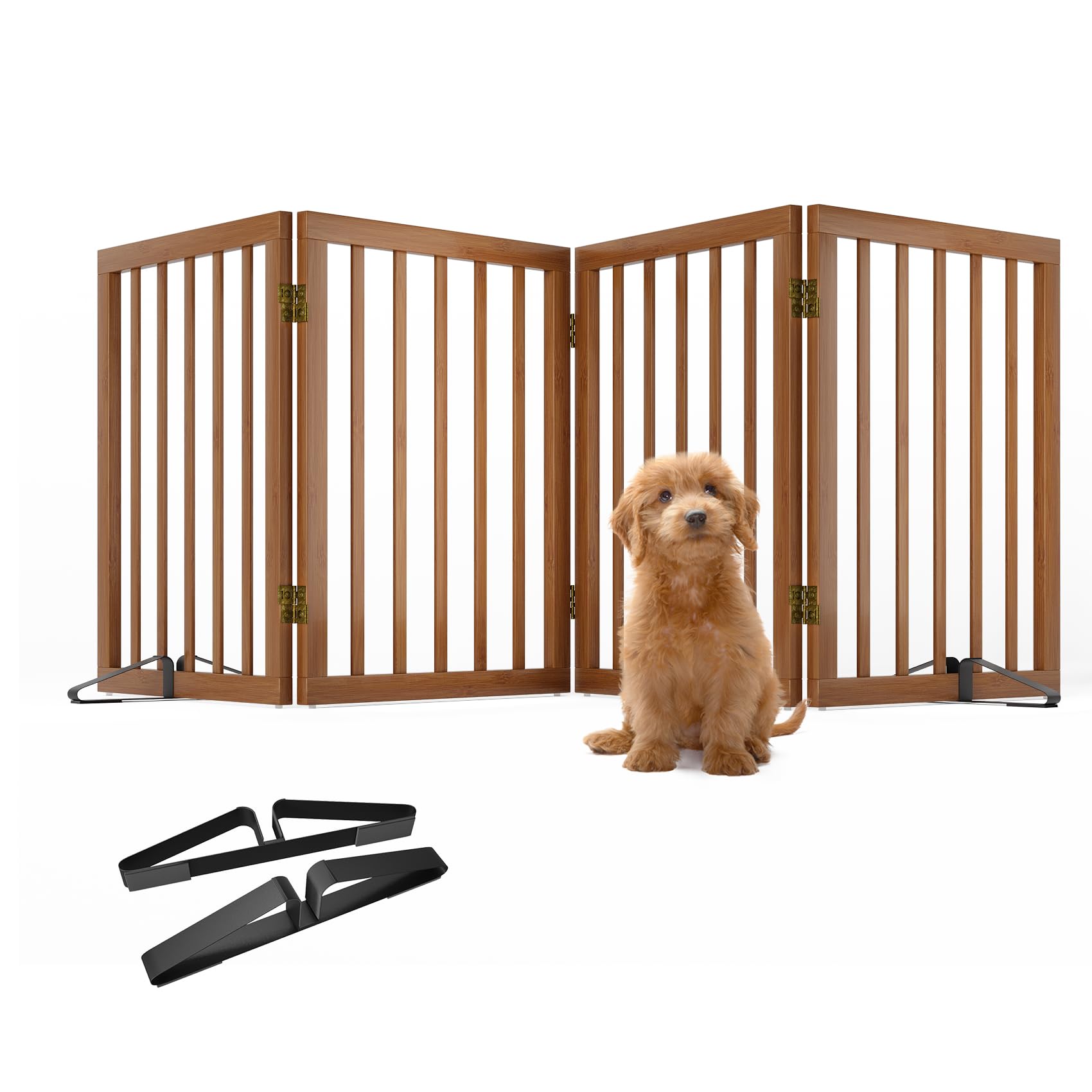 Mino Kesper Freestanding Pet Gate Foldable 4 Panel Dog Gate Walnut Dog Gates for Stair Doorways House Indoor (2 Support Feet Inc
