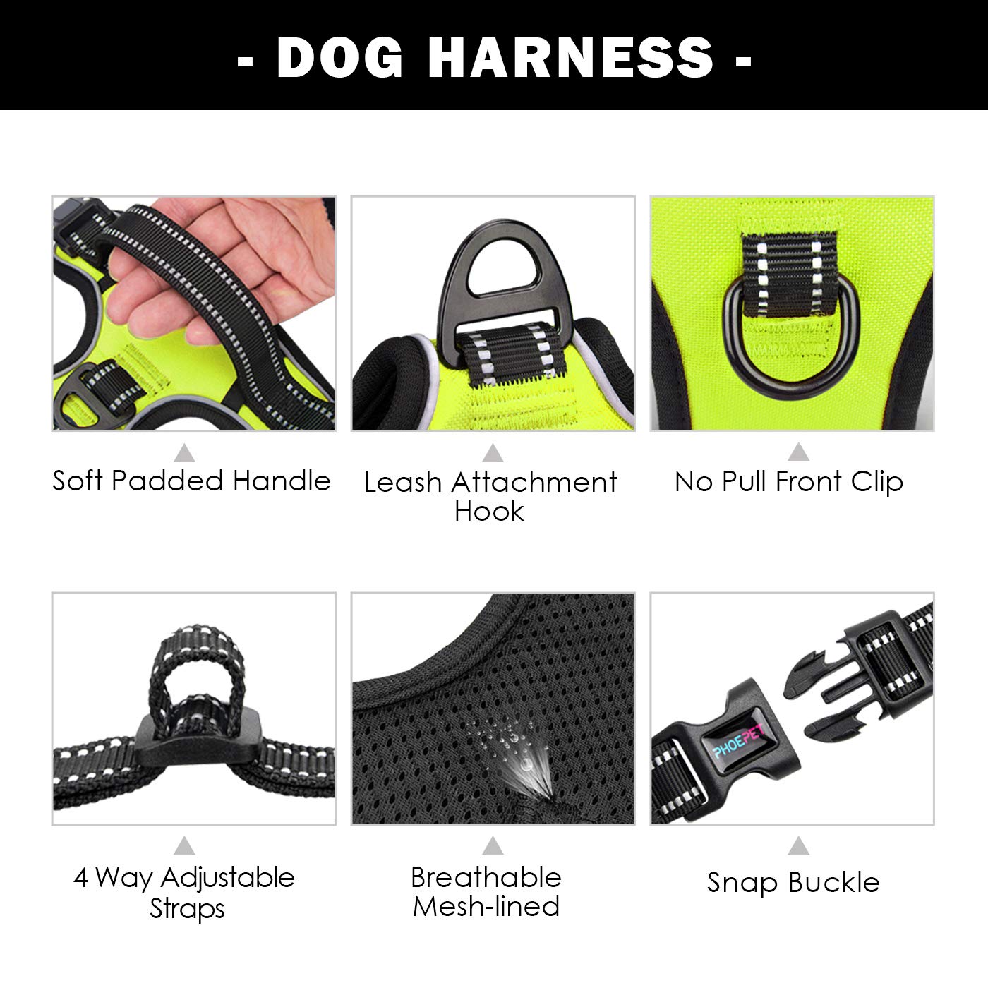 Phoepet No Pull Dog Harness Medium Reflective Front Clip Vest With Handle,Adjustable 2 Metal Rings 3 Buckles,[Easy To Put On & Take Off](M, Green)