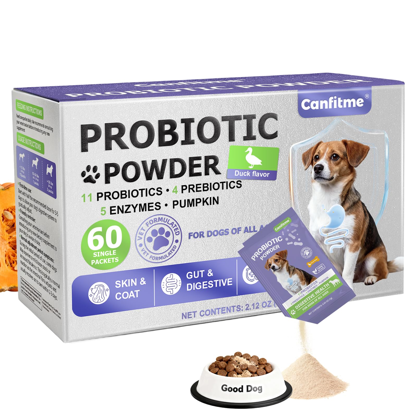 Canfitme Probiotic Powder for Dogs Travel Set, Dog Probiotics for Digestive Health, Itchy Skin, Immune Health, Gas Relief & Diar