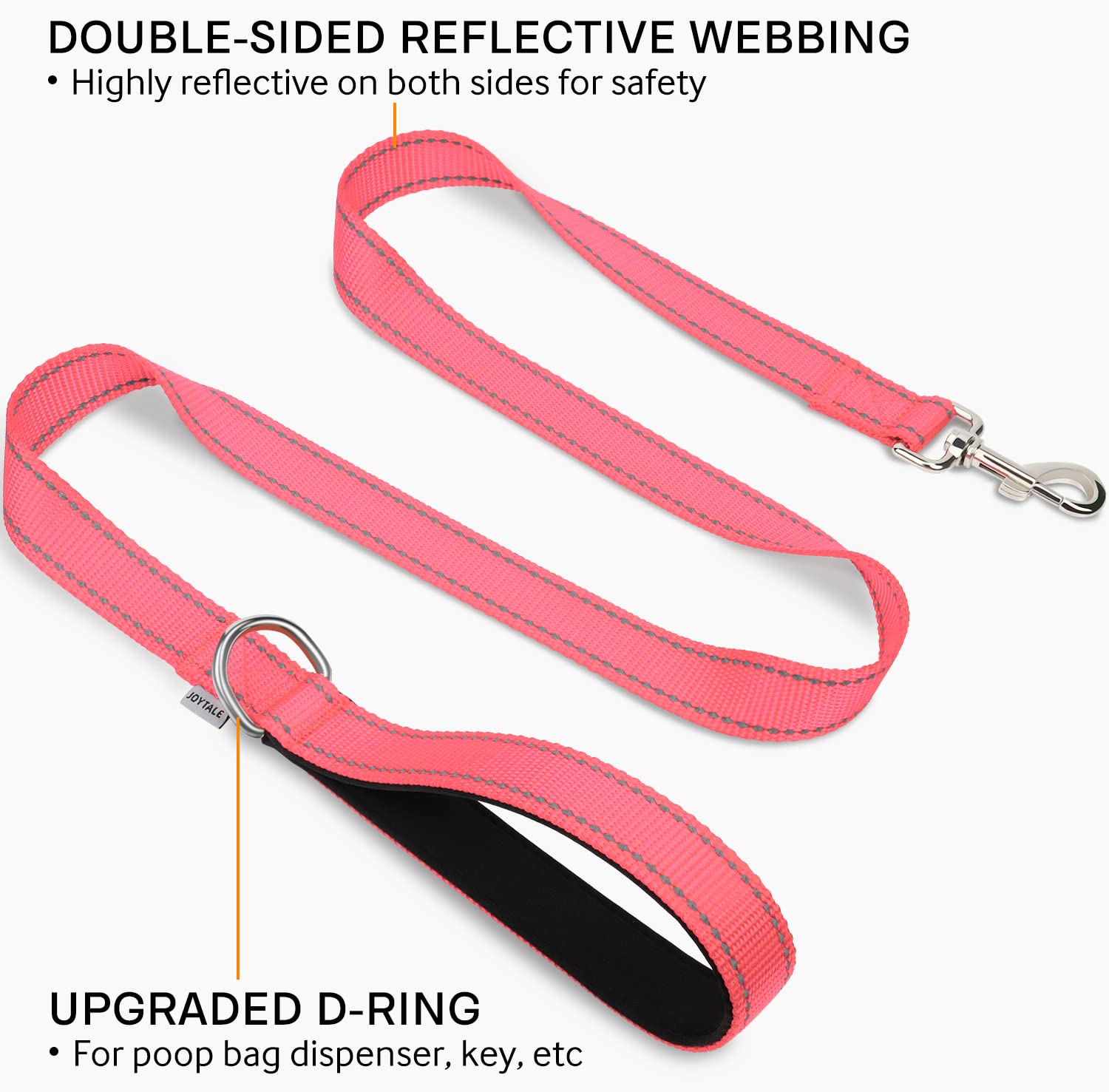 Joytale Double-Sided Reflective Dog Leash, 6 Ft/5 Ft/4 Ft, Padded Handle Nylon Dogs Leashes For Small & Medium Dogs Walking, Pink, 4Ft