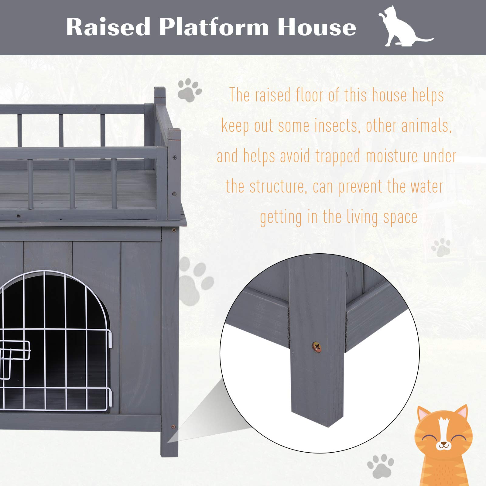 Pawhut 2-Level Wooden Cat House, Outdoor Dog Shelter Cat Condo With Lockable Wire Door And Balcony, Grey