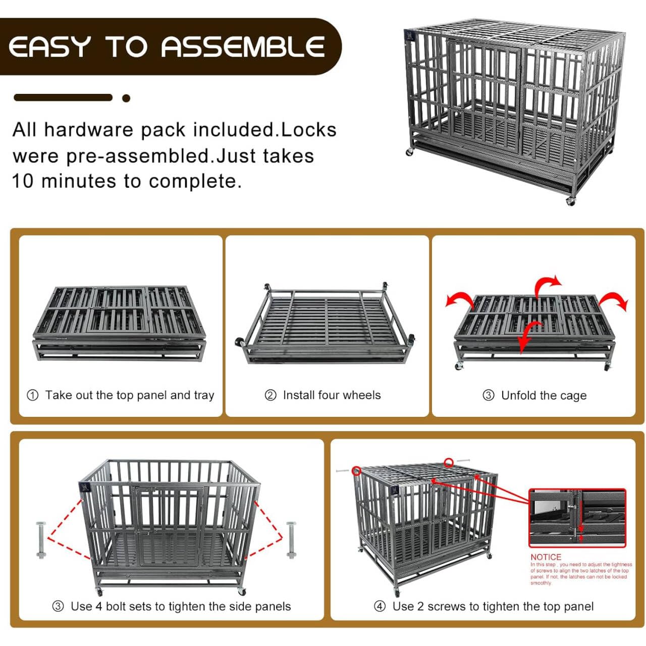 Confote 47 Inch Heavy Duty Dog Crate Metal Cage Kennel, High Anxiety Pet Cage With Lockable Wheels & Double Doors For Medium Lar