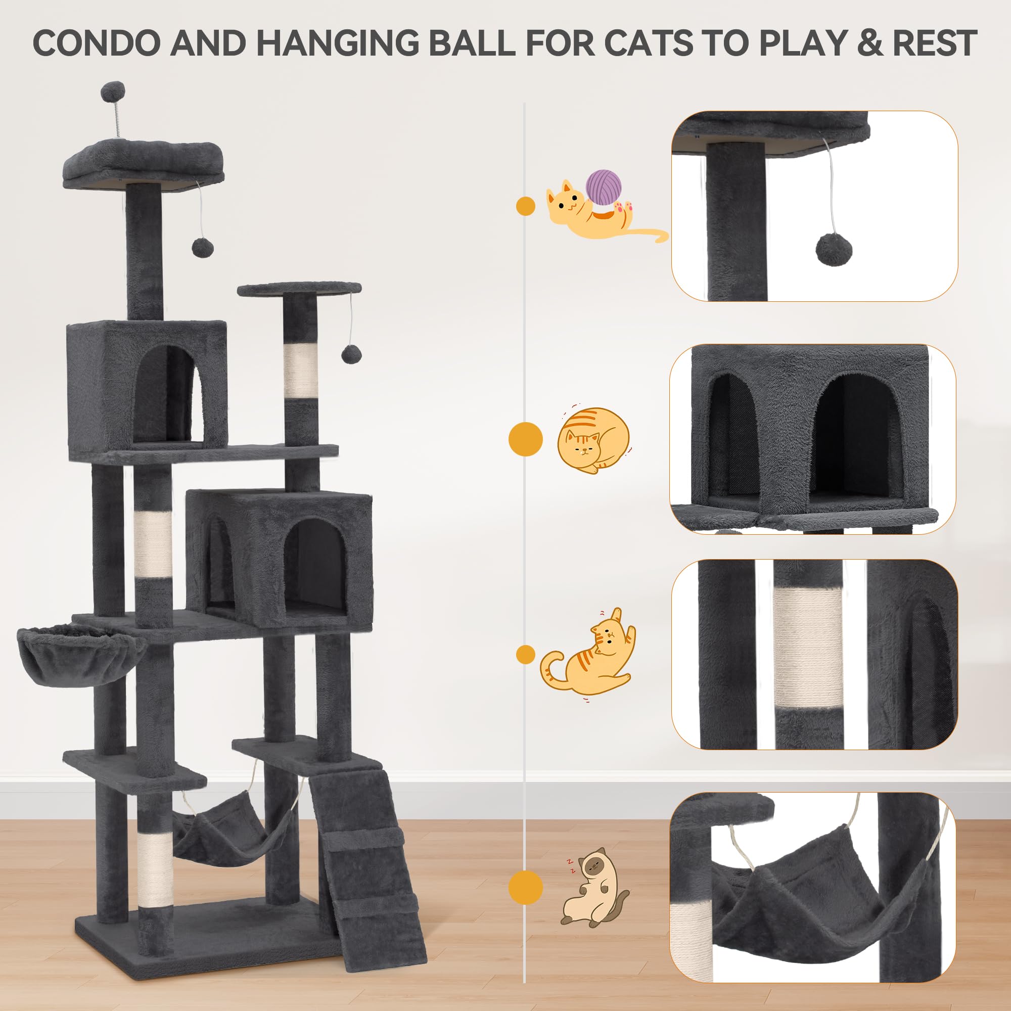 Yitahome 75In Cat Tree Tower For Indoor Cats, Multi-Level Cat Furniture With Scratching Posts, Cat Caves, Padded Perch, Cozy Ham