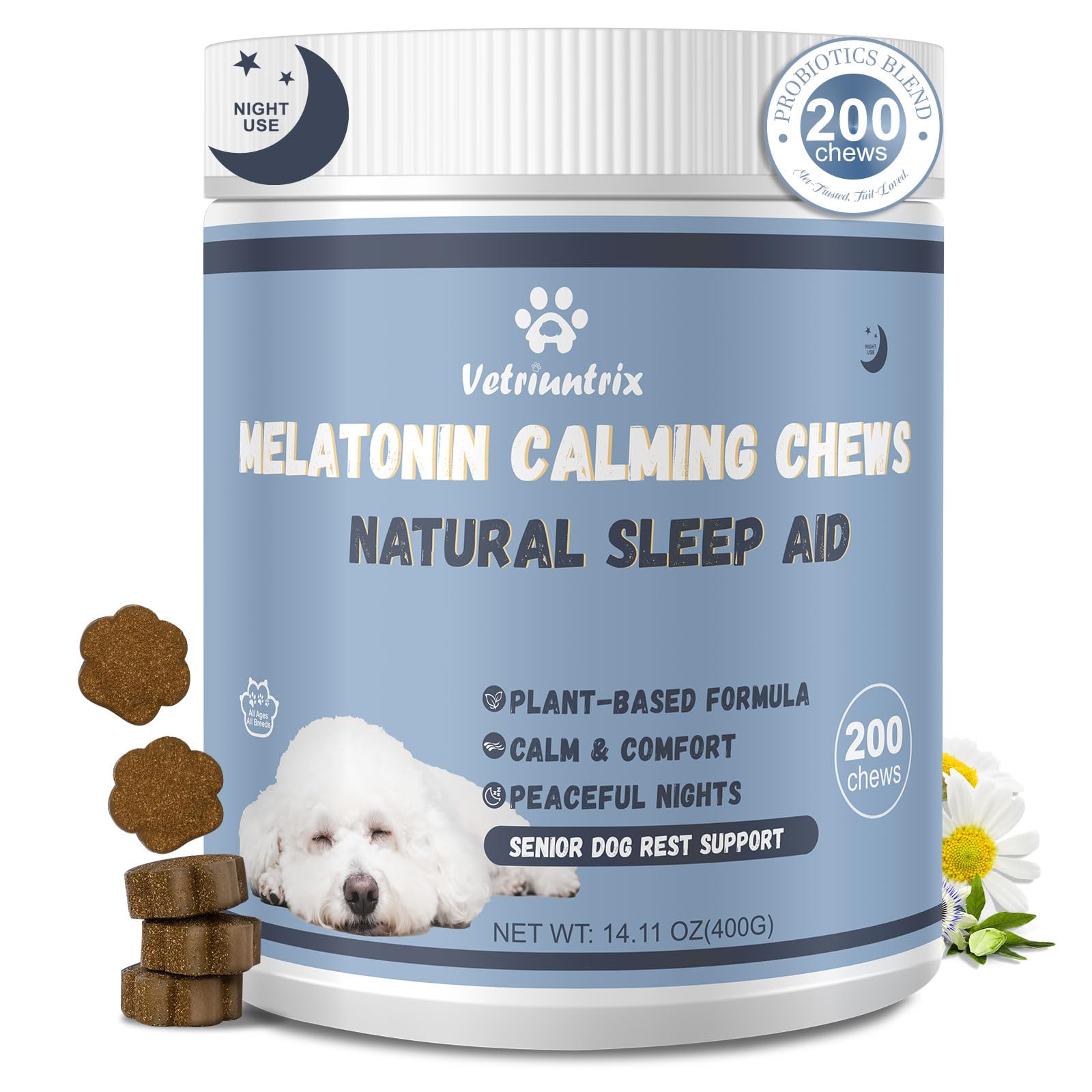 Vetriuntrix Melatonin for Dogs, Calming Chews for Dogs for Sleep, Fireworks, Storms, Thunder, Barking, Separation, Dog Calming C