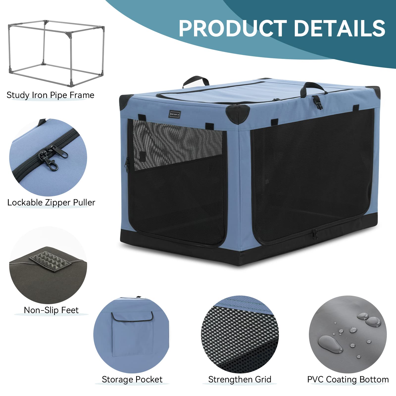 Petsfit 36 Inch Portable Dog Kennel, Adjustable Fabric Cover By Spiral Iron Pipe, Chew Proof 3 Door Design, Soft Collapsible Dog
