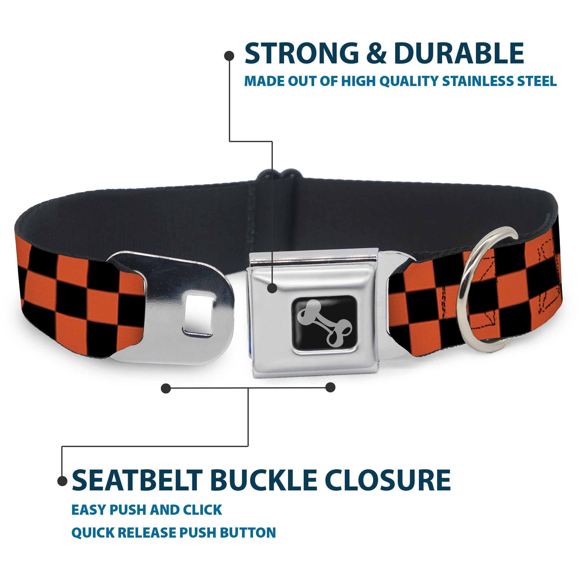 Buckle-Down 13-18 Checker Black/Orange Dog Collar Bone, Wide Small