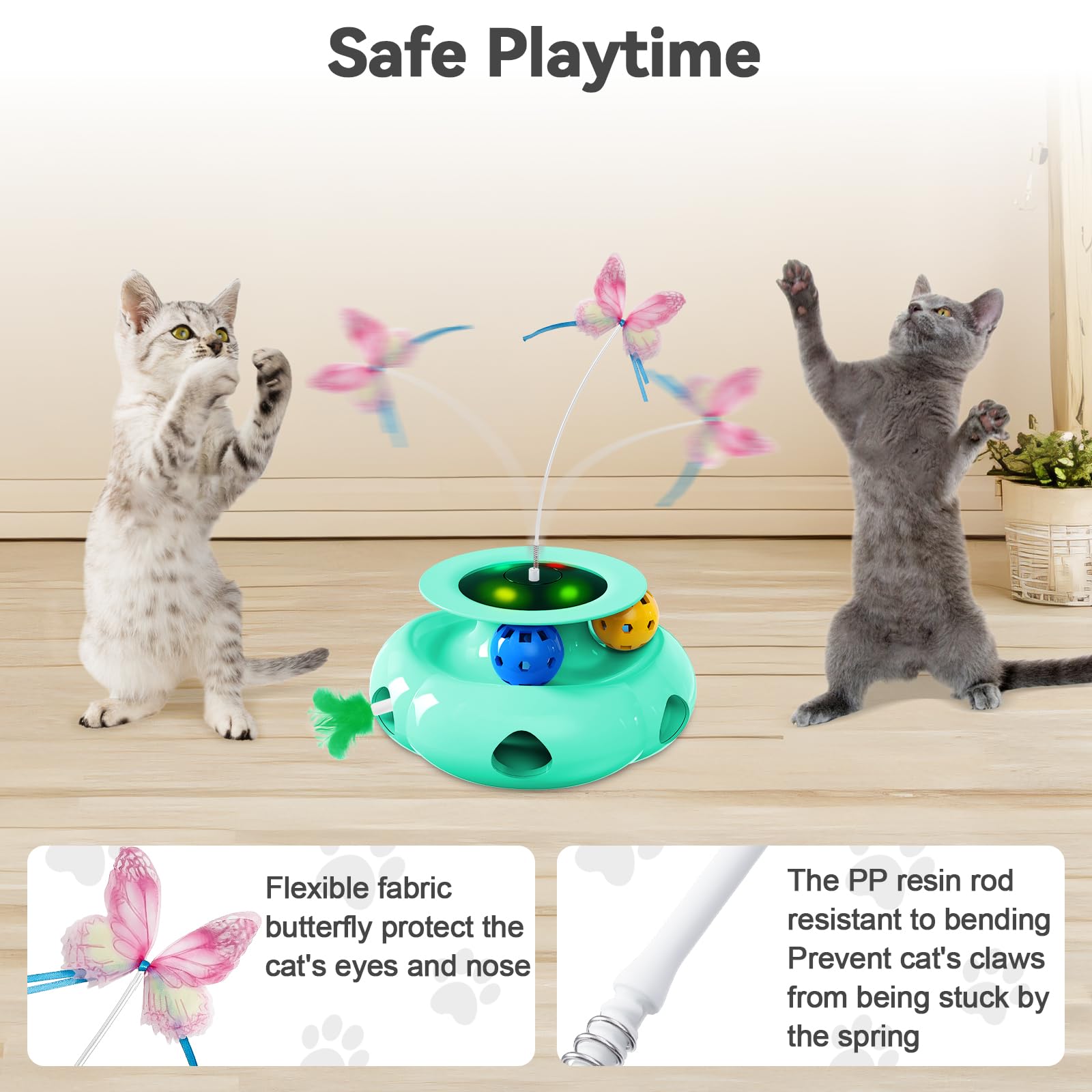 Xuyub Interactive 3in1 Cat Toy - Rechargeable Whack a Mole, Fluttering Butterfly, Track Balls, Green, Model OK007G