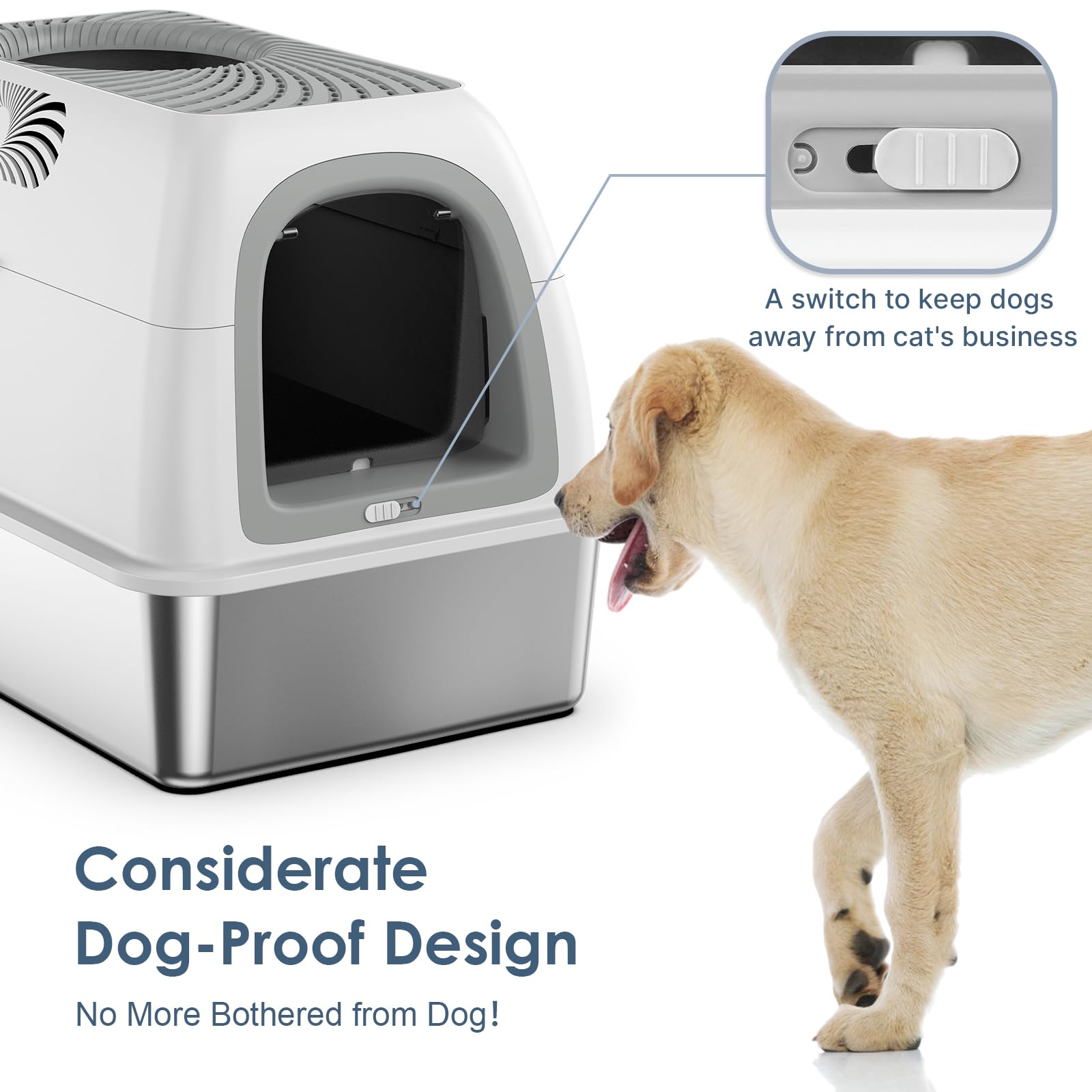 Stainless Steel Top Entry Litter Box With Dog-Proof, Hooded Stainless Steel Litter Box With Filter Lid & Scoop For Low Tracking,