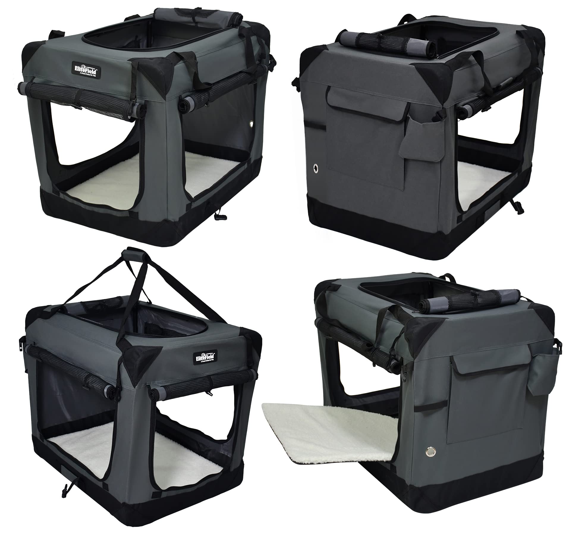 EliteField 4-Door Folding Dog Crate, 24" L x 18" W x 21" H, Fabric & Steel, Gray with Curtains, Indoor & Outdoor Use, Model S