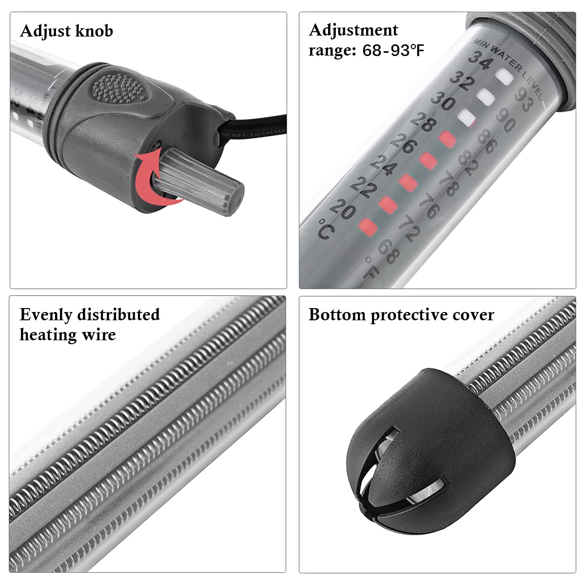 Hitop 25W 50W 100W 200W 300W Adjustable Aquarium Heater, Submersible Fish Tank Heater Thermostat With Suction Cup (50W)