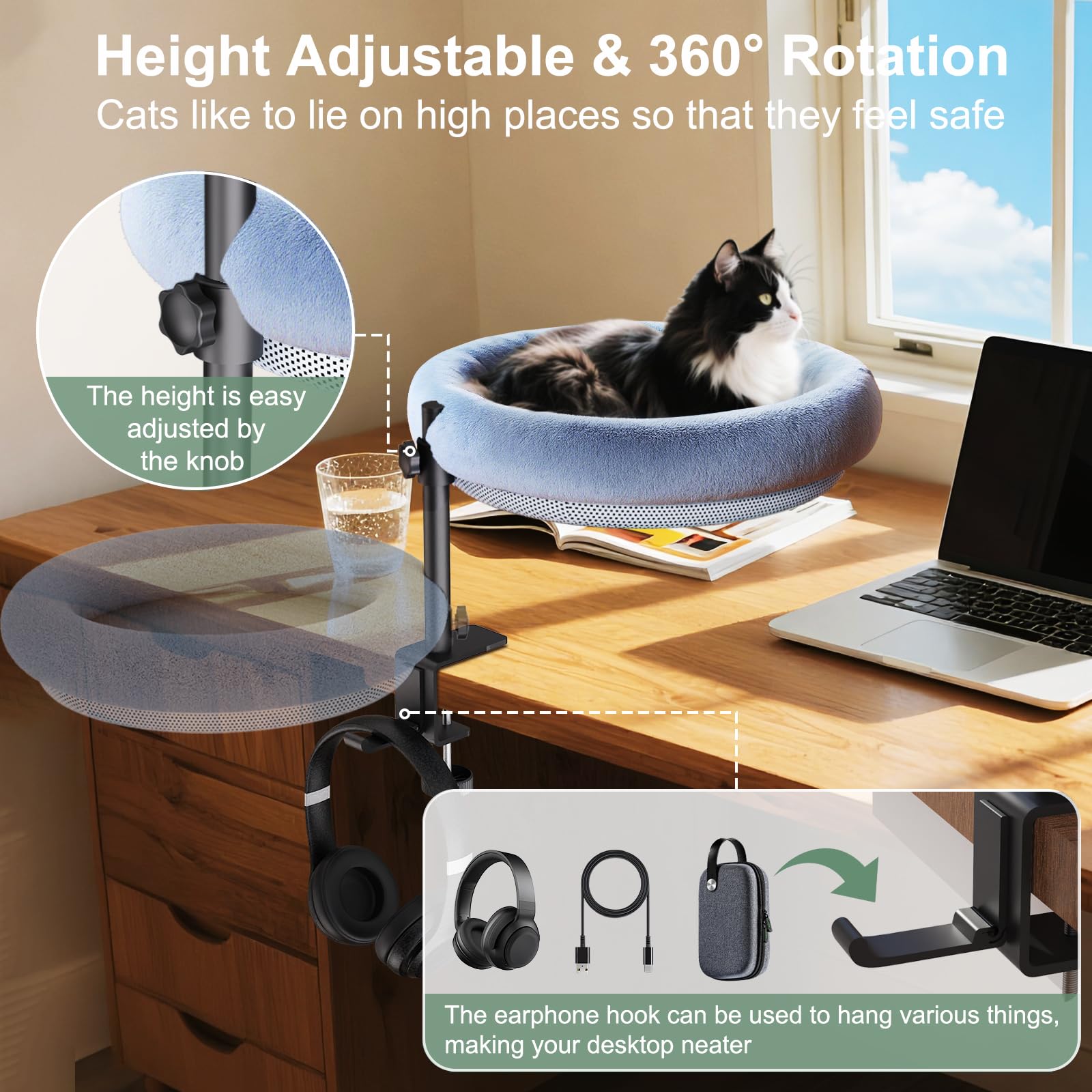 Cat Desk Bed, 360-Degree Rotating Hammock Perch, Cat Bed with Height Adjustable, Machine Washable, Gray