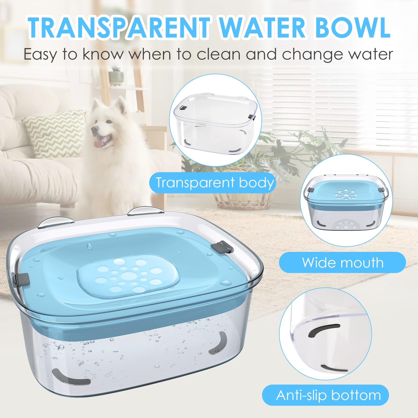 AONKEY 3L Spill Proof Dog Water Bowl, Dripless Slow Drinking, Sky Blue, Model DWB24-806032