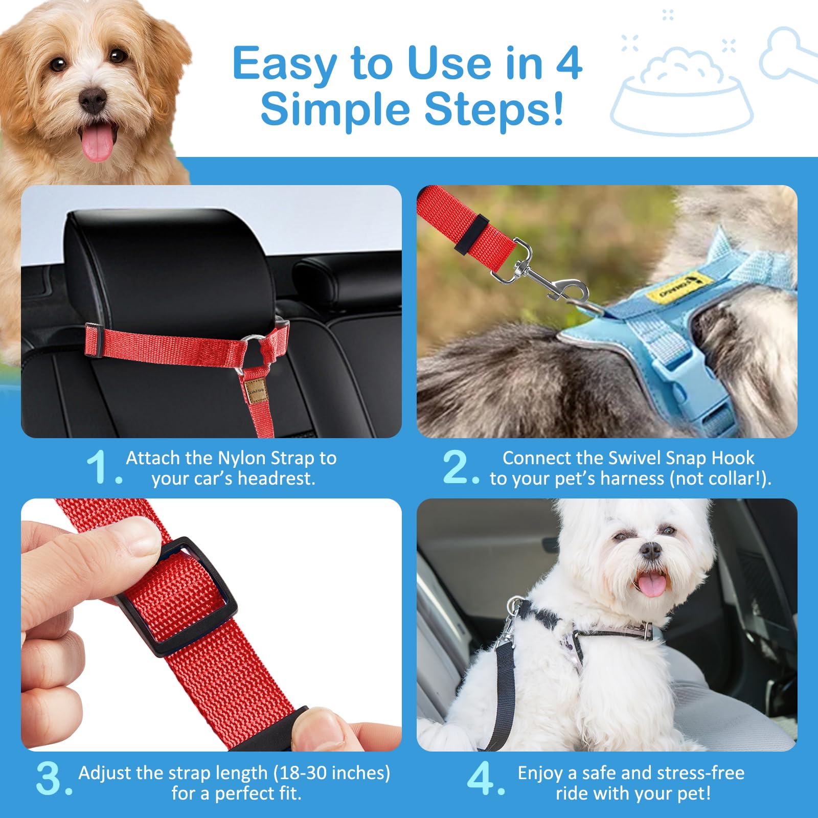 3 Pack Dog Seat Belt For Car, Car Headrest Restraint Adjustable Nylon Fabric, Dog Restraints Vehicle Seatbelts Harness (Black &