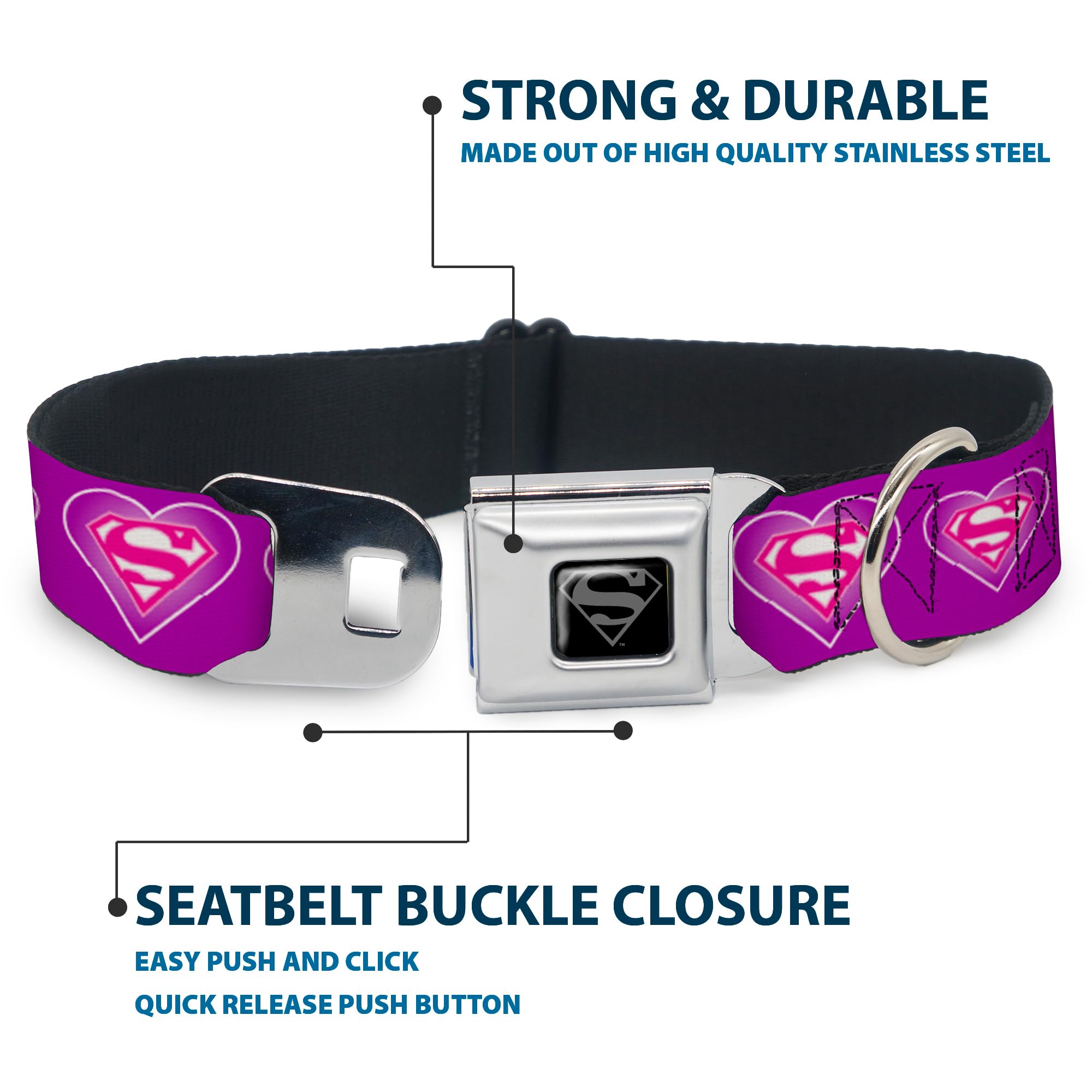 Buckle-Down Seatbelt Buckle Dog Collar - Superman Logo In Heart Purple/White/Pink - 1.5' Wide - Fits 16-23' Neck - Medium