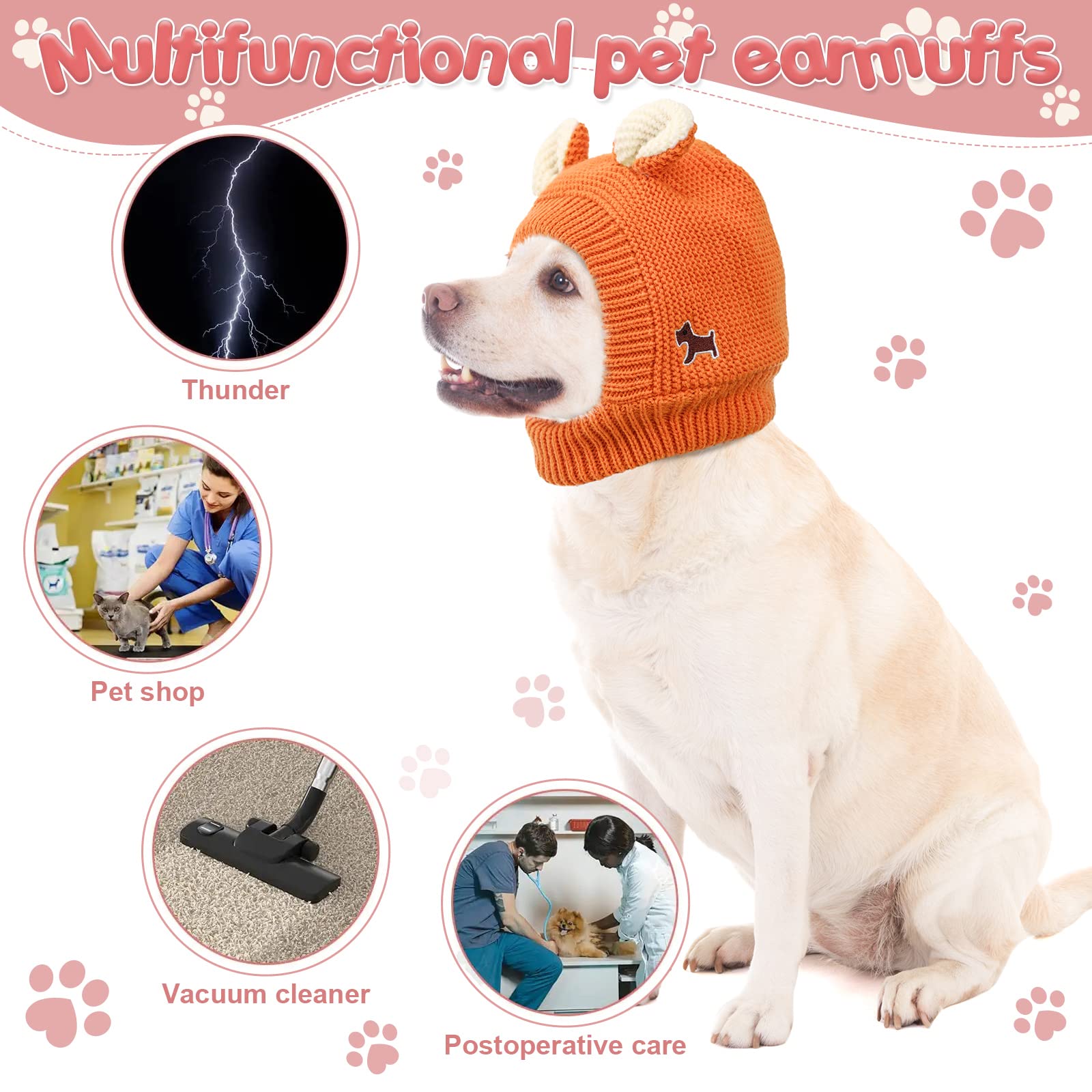 Quiet Ears For Dogs, Dog Ear Muffs Noise Protection Knitted Pet Ears Snood Head Wrap Hats For Medium To Large Cats Pets(Orange)