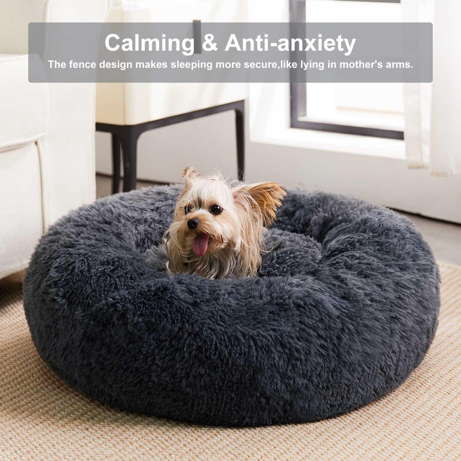 Wnpethome Calming Dog & Cat Bed, Anti-Anxiety Donut Bed, Fluffy Faux Fur Cushion For Small Dogs And Cats (20 X 20 X 8 Inch, Navy