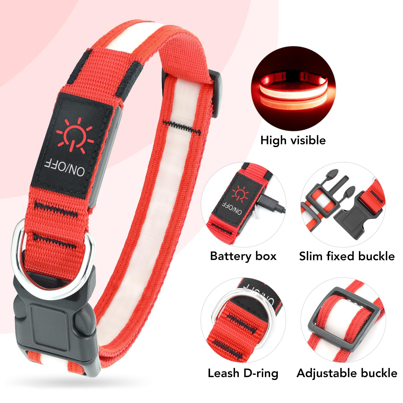 VIZPET LED Dog Collar - Adjustable, USB Rechargeable, Super Bright, X-Large (Red) - Safety Light Glowing Collar for Dogs