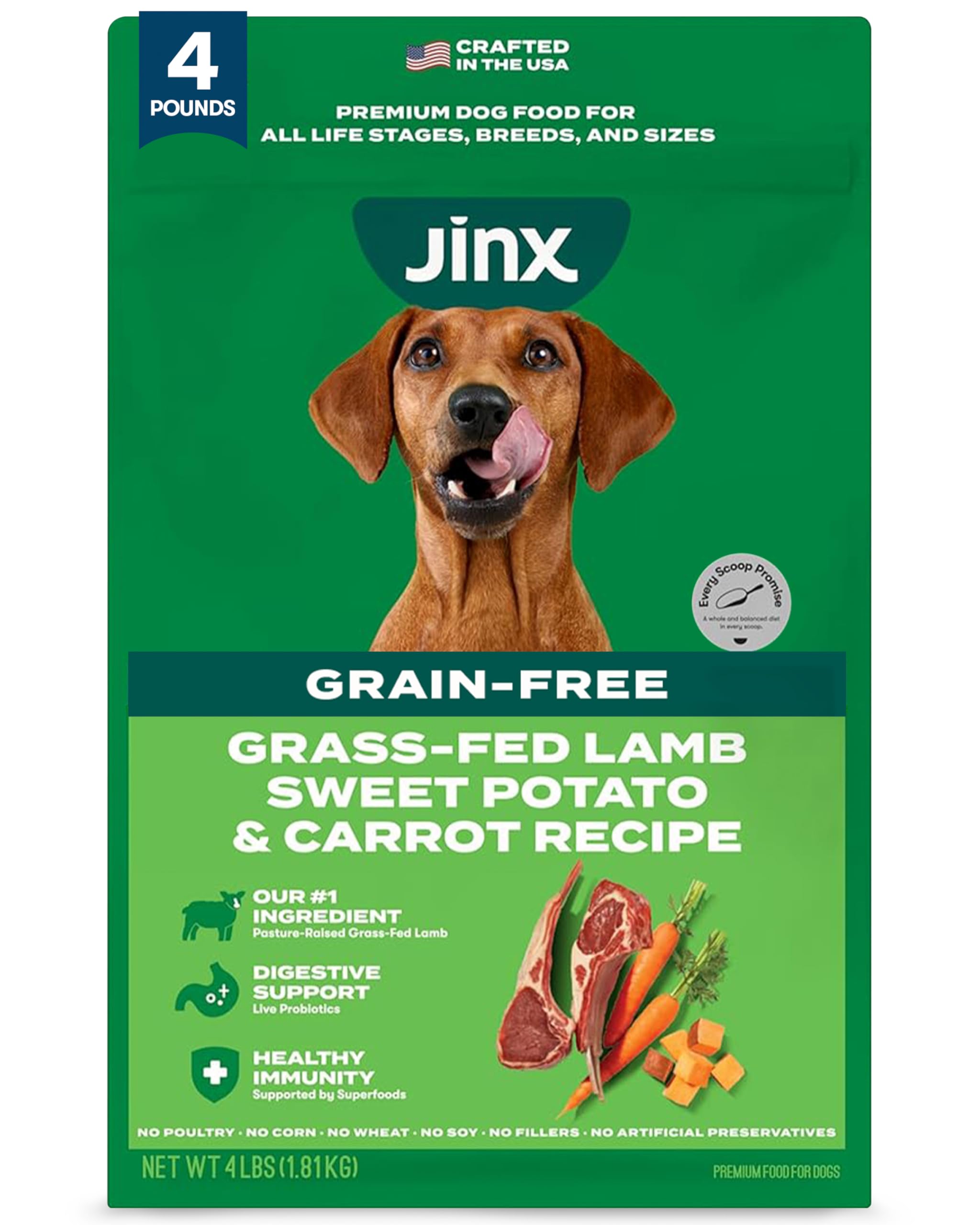Jinx Premium GrainFree Dry Dog Food, for All Lifestages  GrassFed Lamb, Sweet Potato & Carrot Dog Food with Superfoods for Im