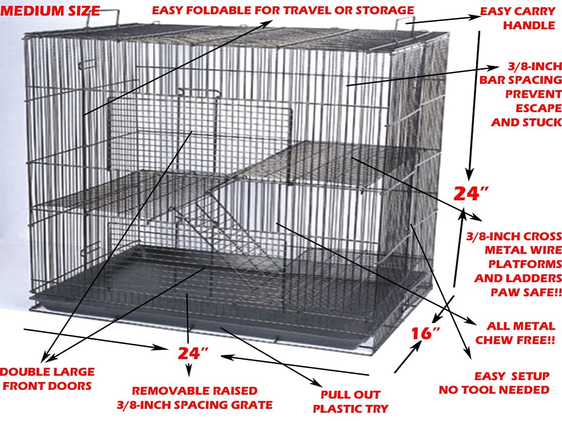 3-Levels Easy Collapsible Ferret Chinchilla Sugar Glider Rats Mouse Animal Critter Chew-Proof Metal Carrier Travel Cage With Narrow 3/8-Inch Bar Spacing Easy To Setup No Tools Needed Easy Storage