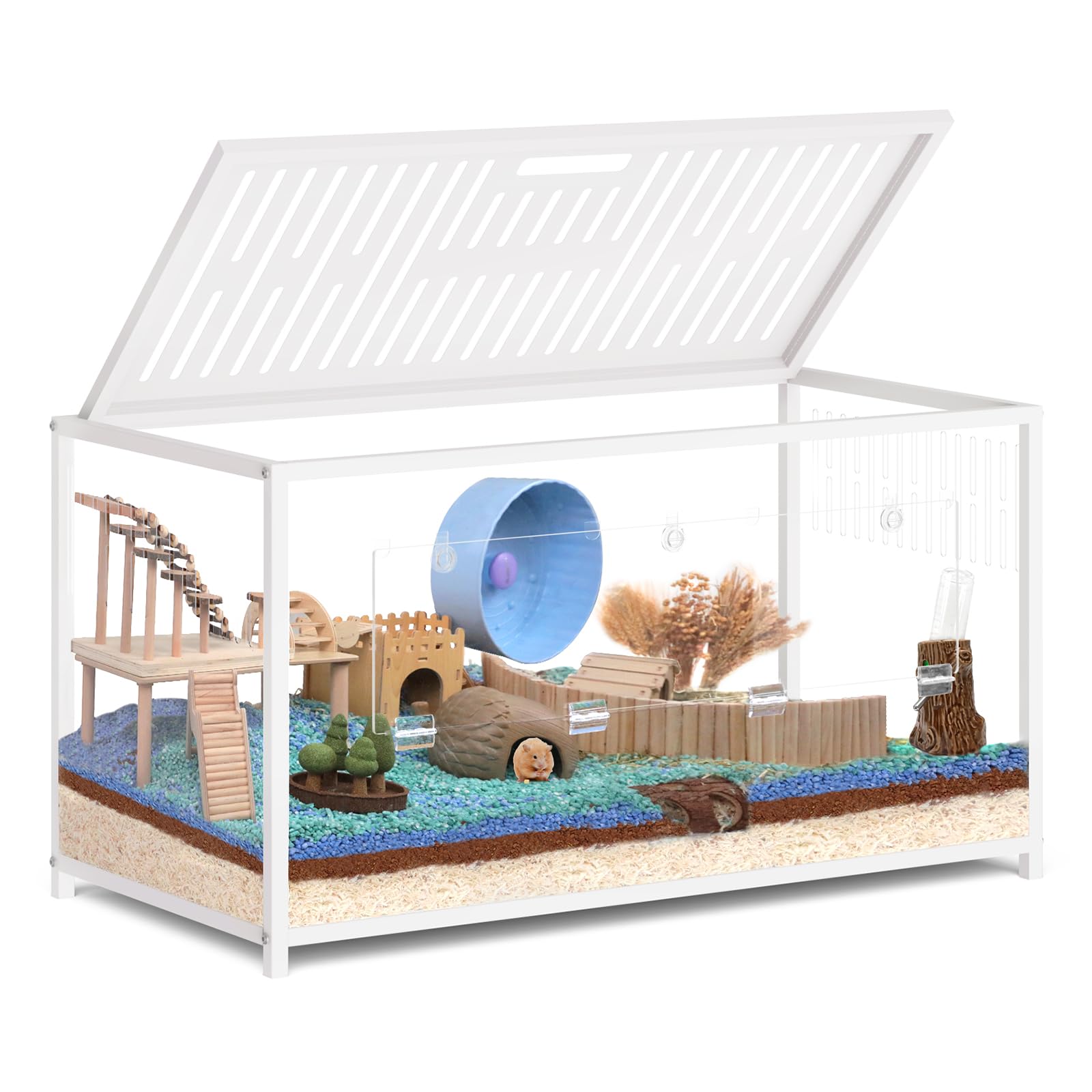 MUNNAR Large Metal Hamster Cage - Chew Proof Syrian Hamster Cage & Habitat with Acrylic Panels, Top Open, Breathable, Big Hamste