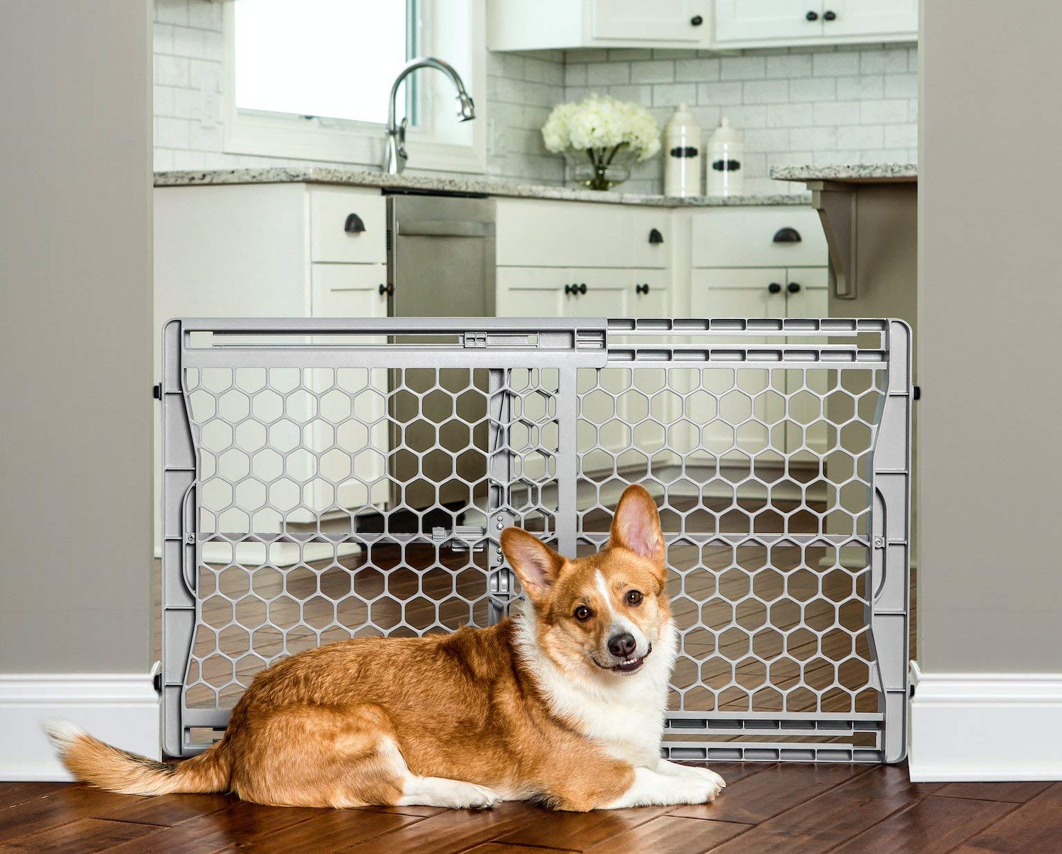 Carlson Pet Easy Fit Portable Pet Gate, Fits Openings 28-42 Wide, 23 Tall, Rubber Pads to Protect Walls, Durable Dog Gate for Do