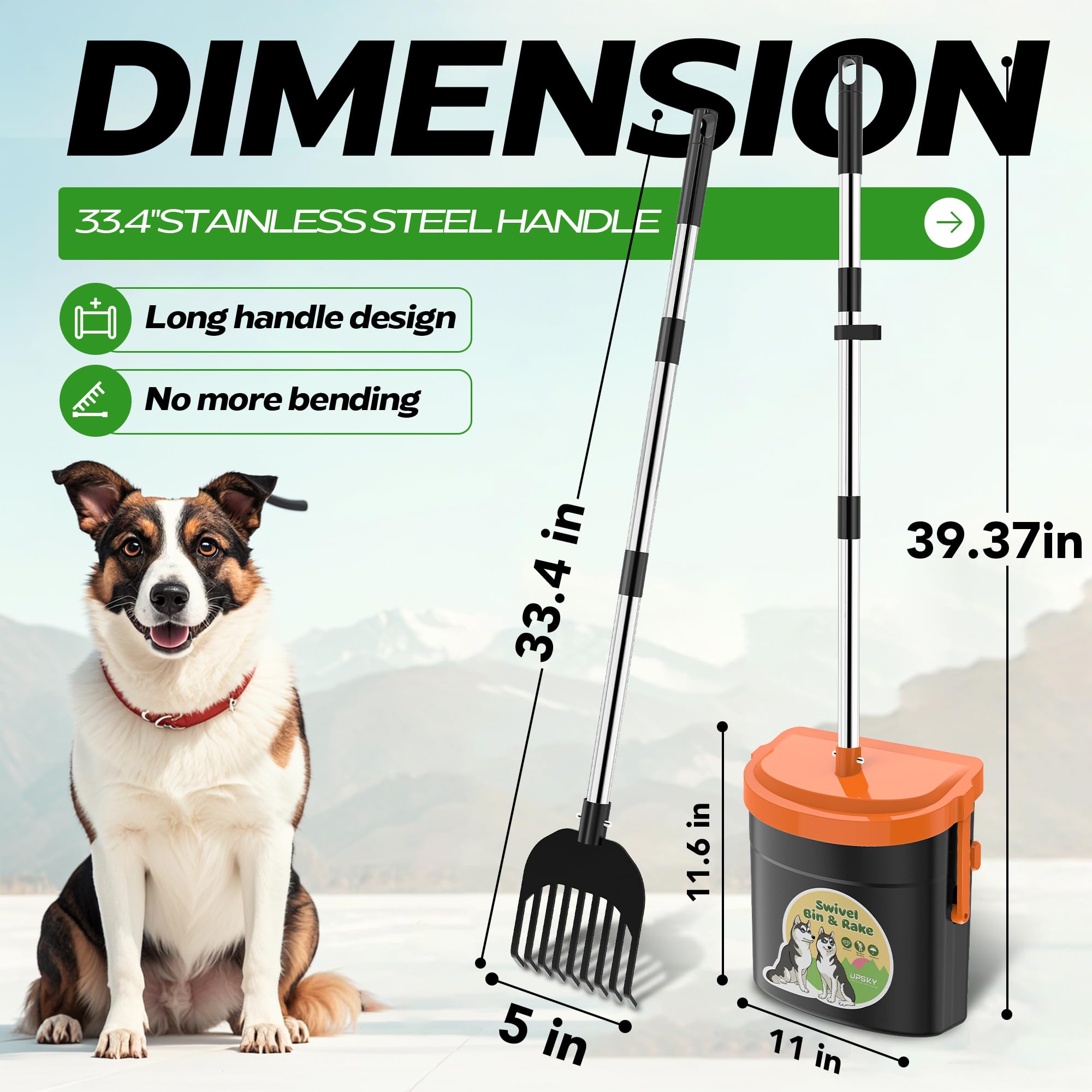 Upsky Dog Pooper Scooper Swivel Bin & Rake Kit With 100 Waste Bags,33.4' Stainless Steel Long Handle Heavy Duty Pet Poop Shovel