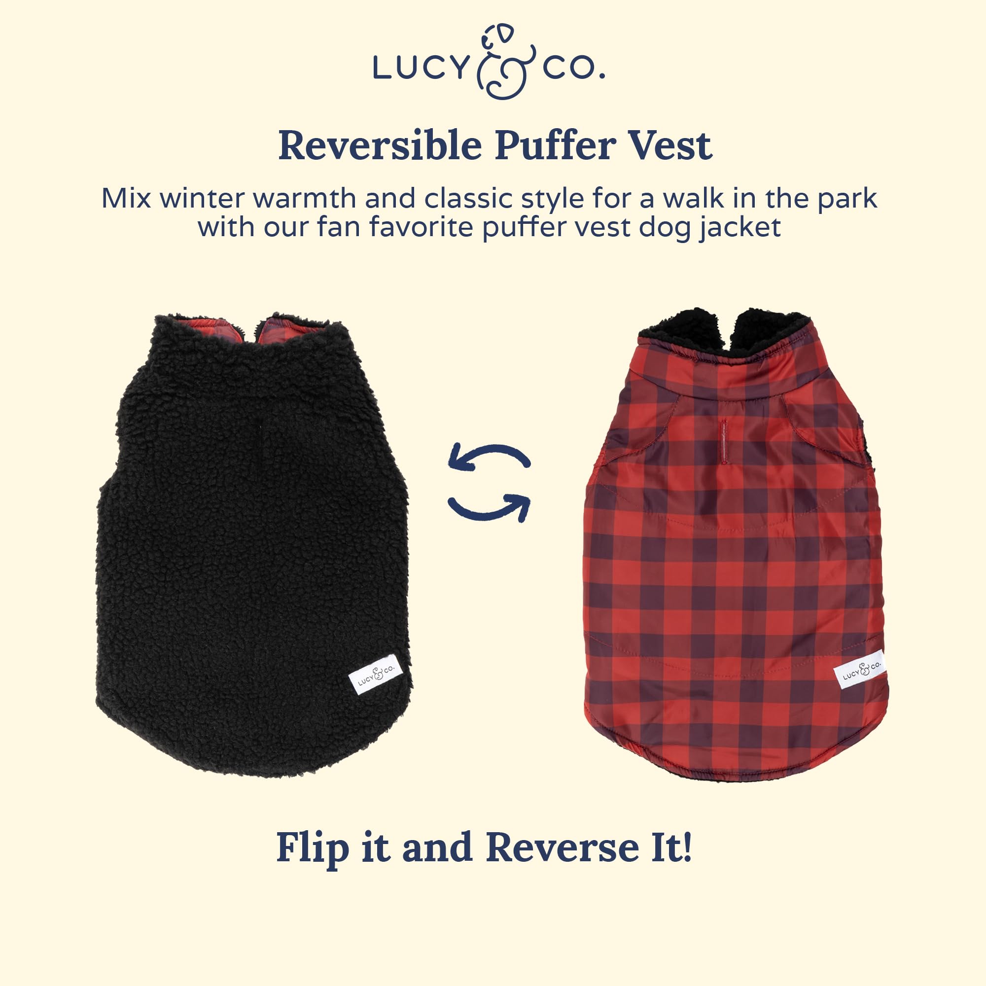Lucy & Co. The Holly Jolly Reversible Teddy Puffer Vest (Pets) For Small Dogs, Medium Dogs And Large Dogs - Large - Red Black Te