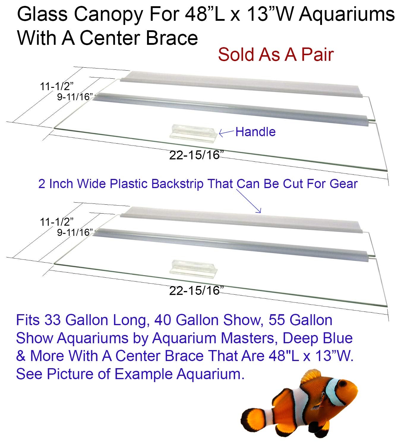 Blue Spotted Glass Canopy Two Piece Set for Aquariums, 48"L x 13"W, Clear, Model AM34813, with Center Brace