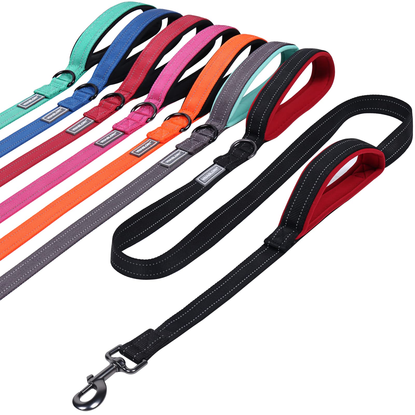 Vivaglory Traffic Handle Dog Leashes, Two Padded Soft Handles Strong Dog Leash, Reflective & Metal Hook Training Pet Lead, Black