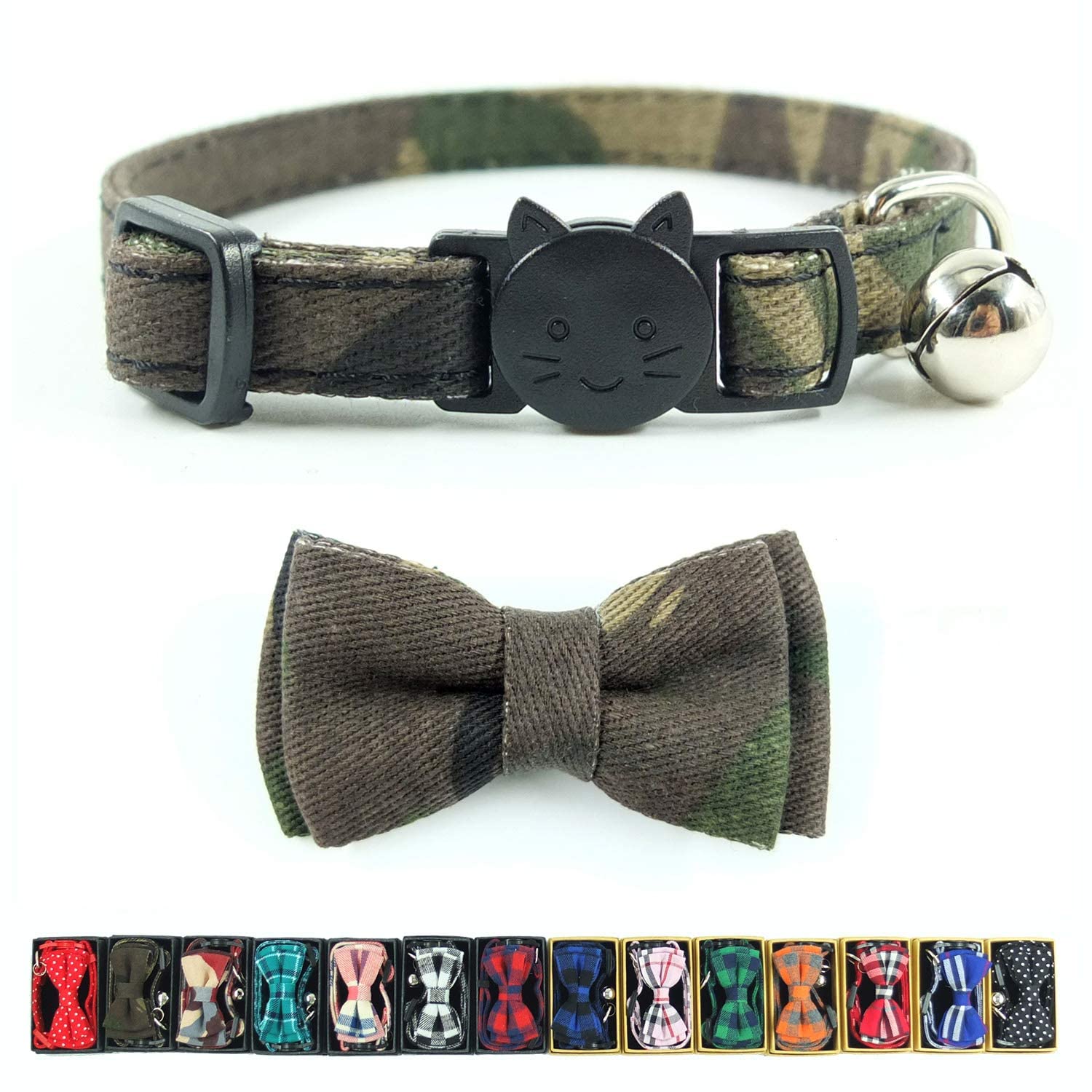 Cat Collar Bowtie With Bell, Quick Release Buckle Safety And Durable Kitties Kittens Cats Breakaway Collar(6.8-10.8In) (Camouflage 2)
