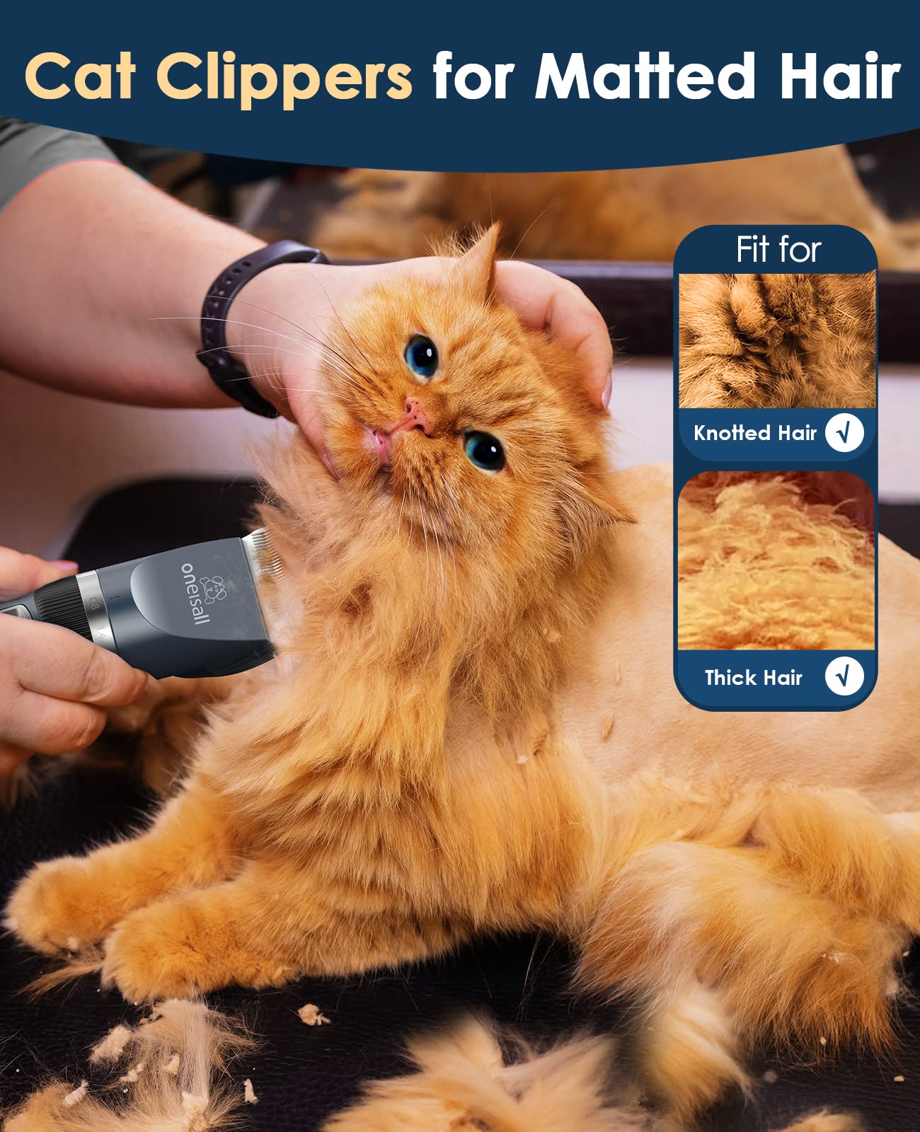 oneisall Cat Clippers, Quiet Cordless Grooming Kit, 2 Speed, Stainless Steel, 12 Piece Set, Blue, Model X2