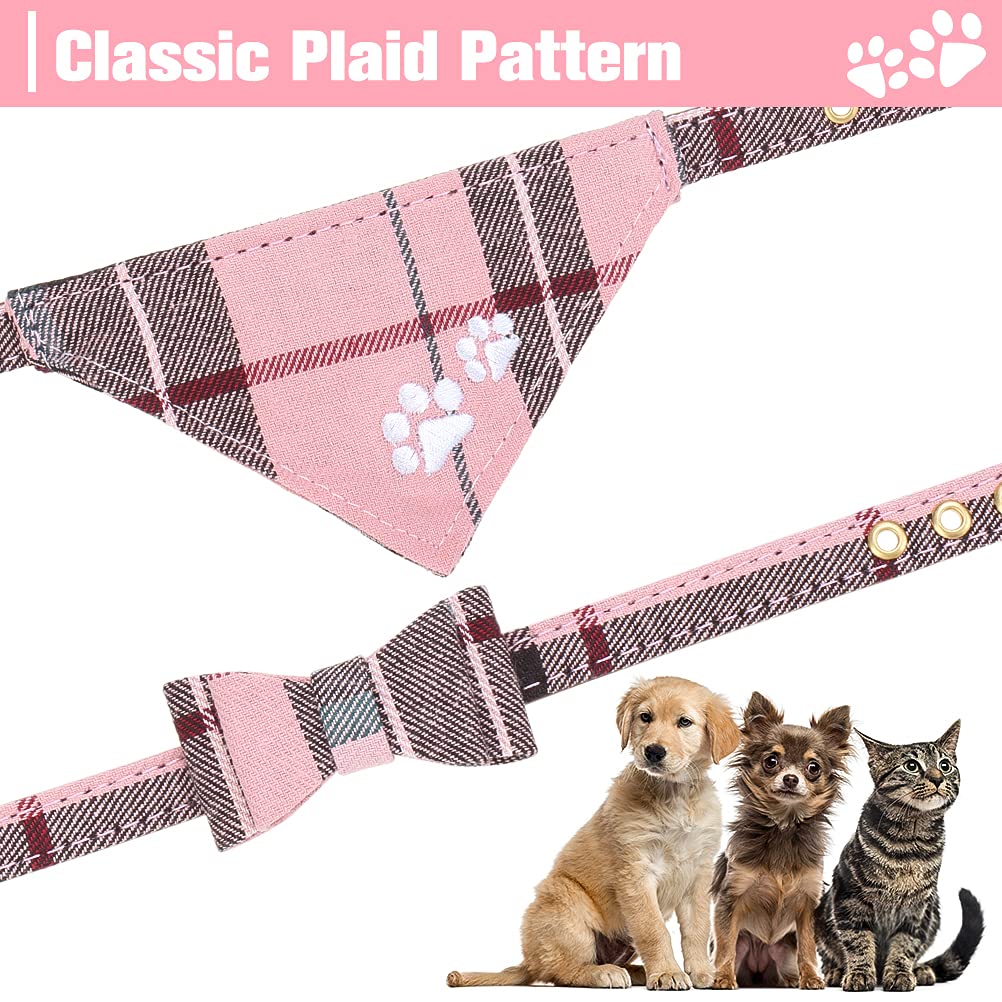 Expawlorer Dog Collar And Leash Set - Embroidery Pawprints Plaid Dog Collar And Dog Leash Set, Bow Tie And Bandana Dog Collar, A