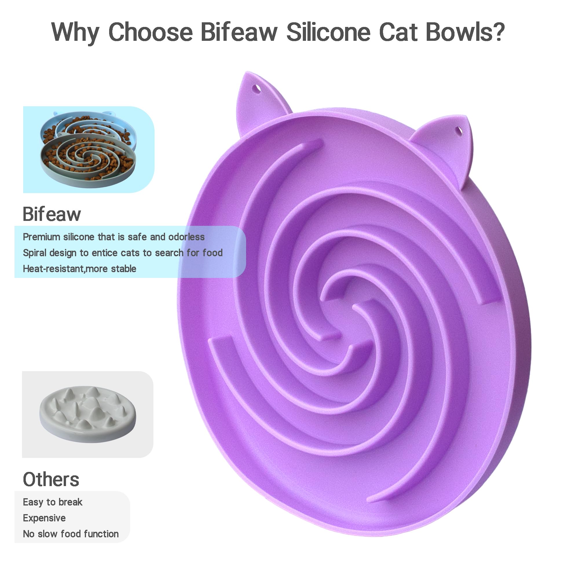 Bifeaw Slow Feeder Cat Bowl, Silicone Easy-Clean Design, Purple and Pink, Model MW-F